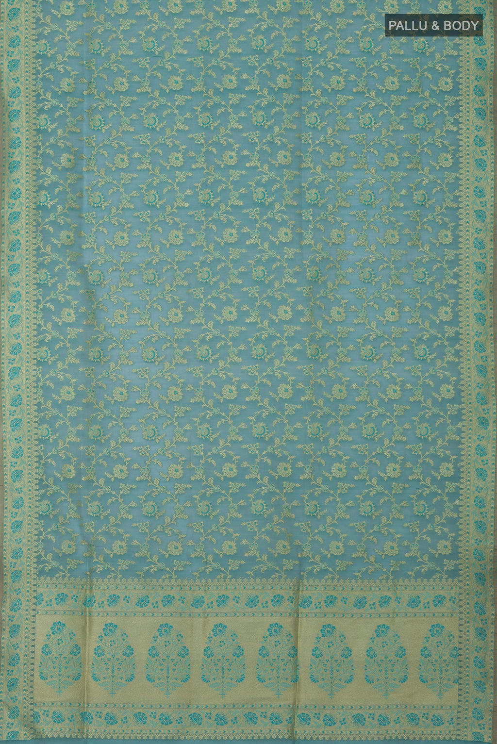 Flat view of Light Blue Banarasi Saree with Fancy on the body and Fancy Border. 