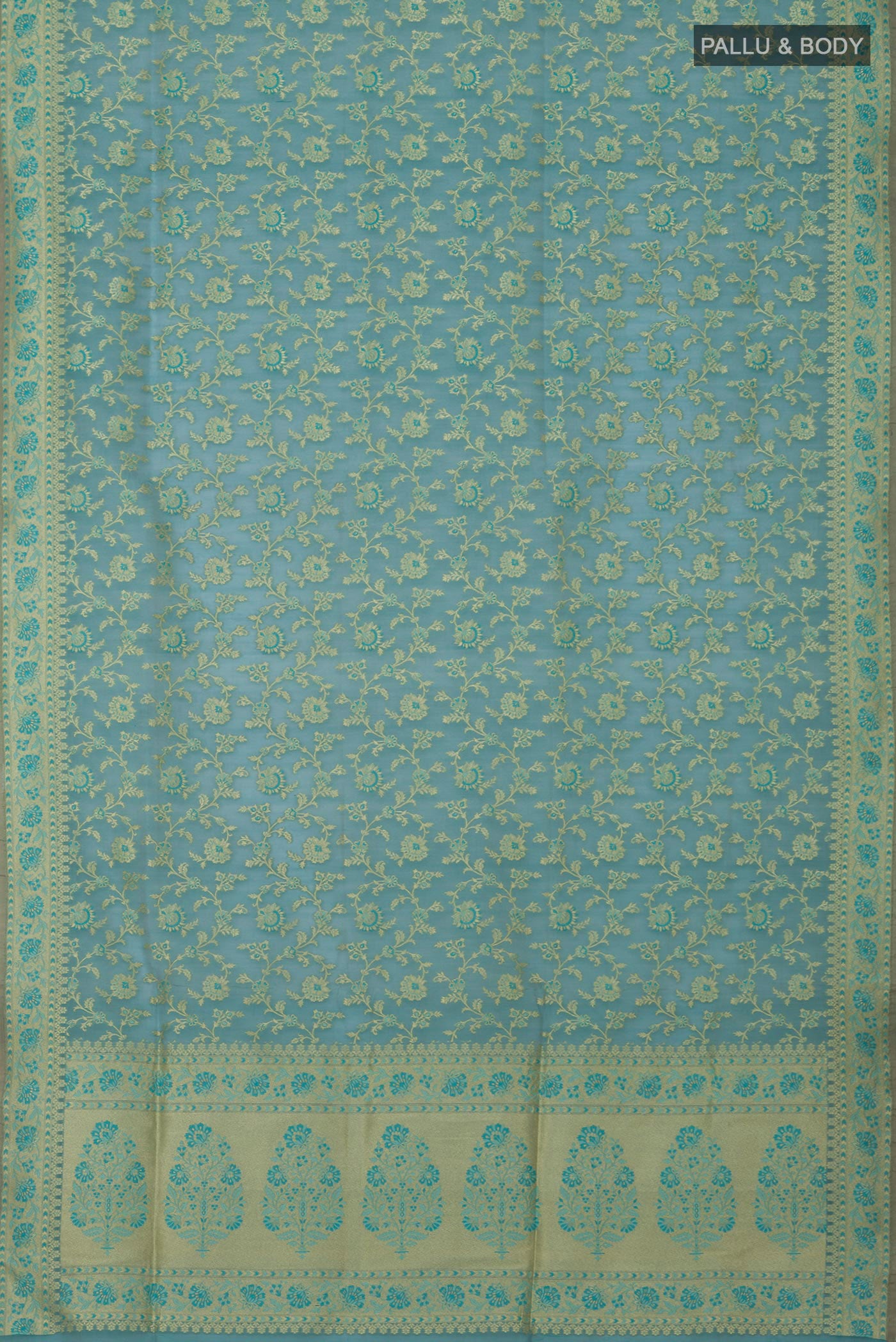 Flat view of Light Blue Banarasi Saree with Fancy on the body and Fancy Border. 