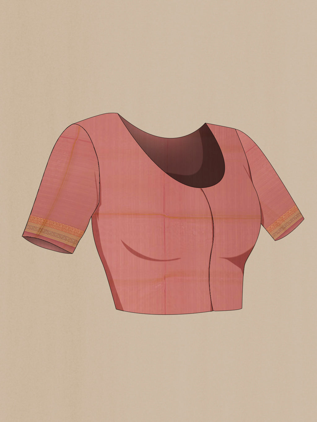 Close up image of the blouse of Peach Banarasi Silk Saree with Zari And Thread Butta on the body and Zari Border. 