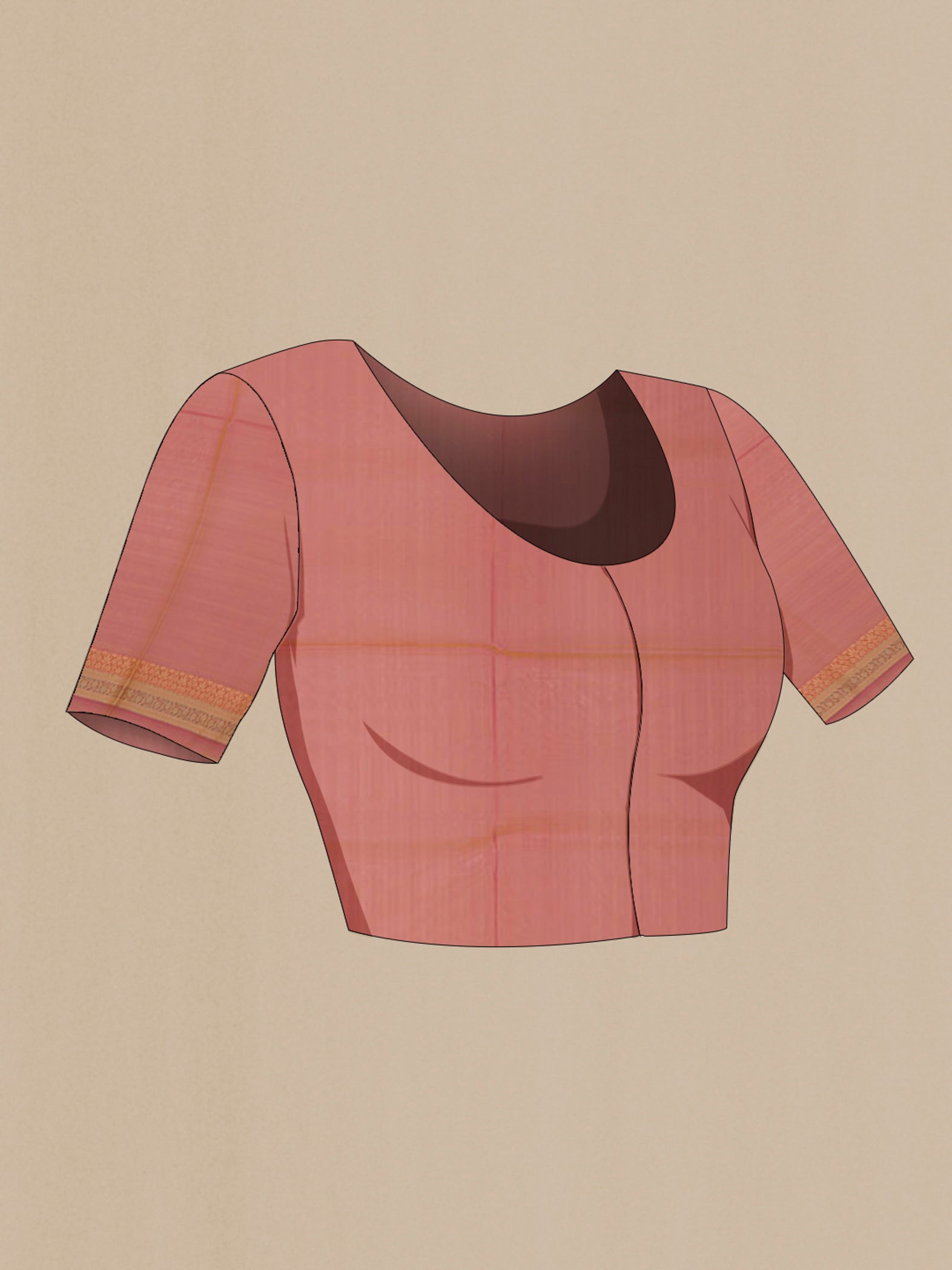 Close up image of the blouse of Peach Banarasi Silk Saree with Zari And Thread Butta on the body and Zari Border. 