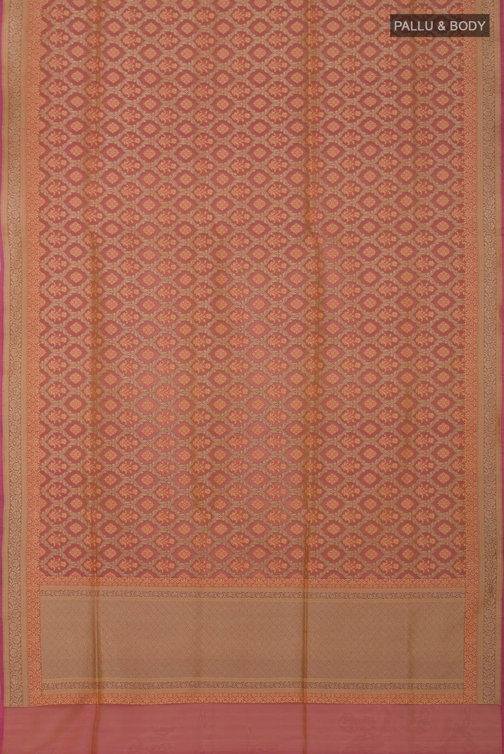 Flat view of Peach Banarasi Silk Saree with Zari And Thread Butta on the body and Zari Border. 