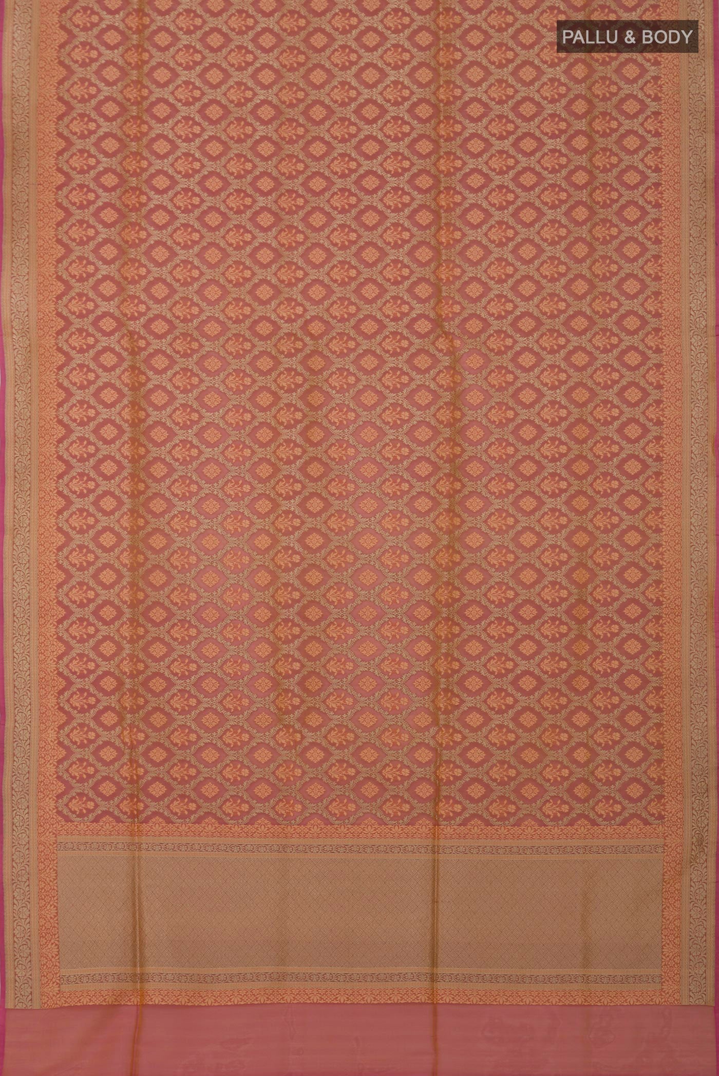 Flat view of Peach Banarasi Silk Saree with Zari And Thread Butta on the body and Zari Border. 