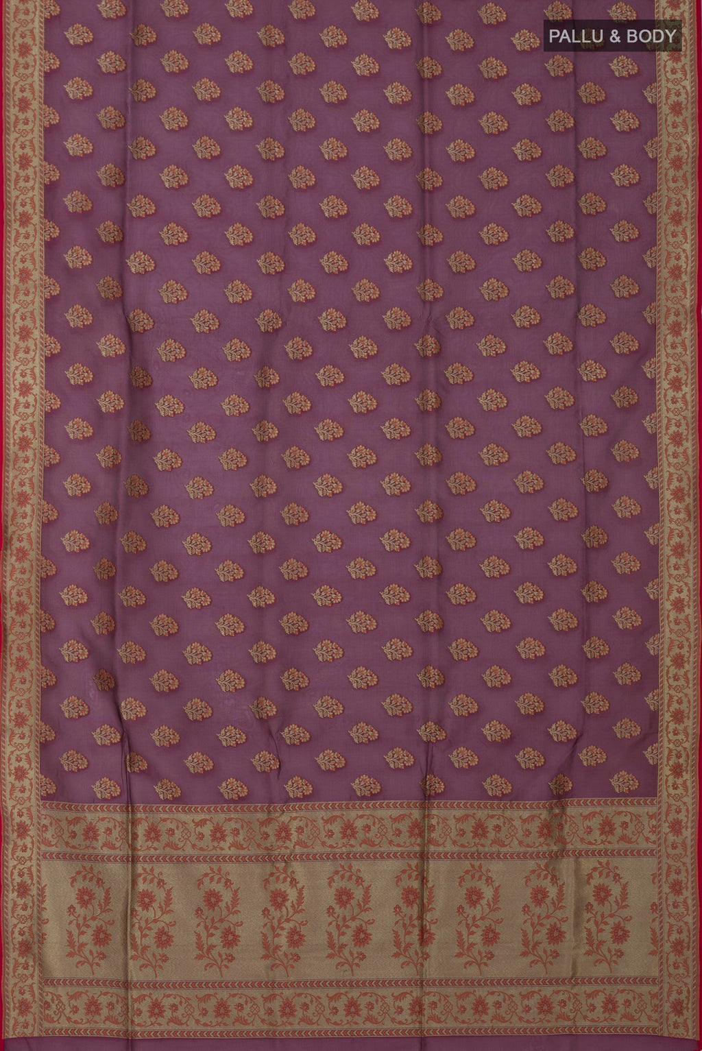 Flat view of Purple Banarasi Saree with Zari Butta on the body and Fancy Border. 