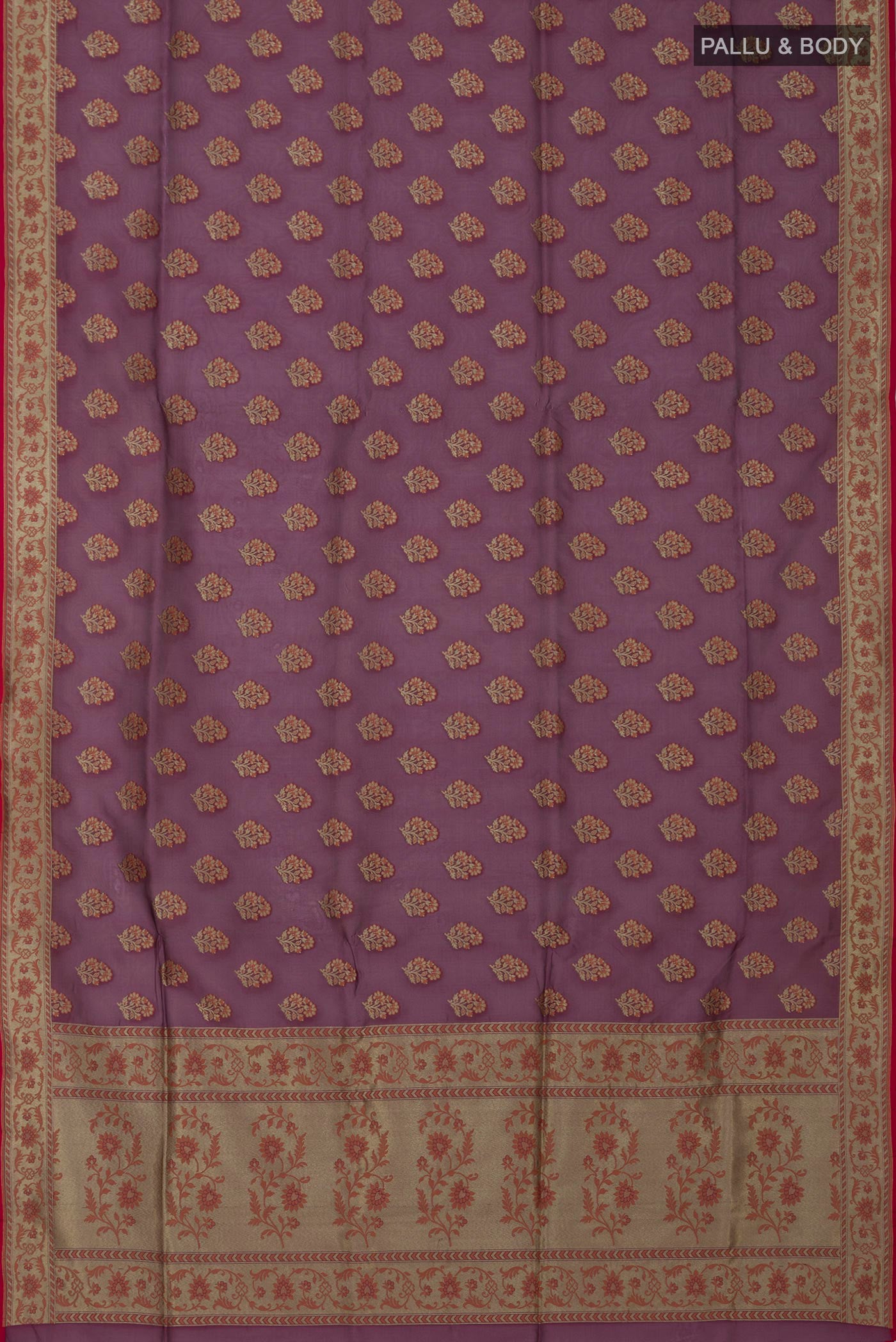 Flat view of Purple Banarasi Saree with Zari Butta on the body and Fancy Border. 