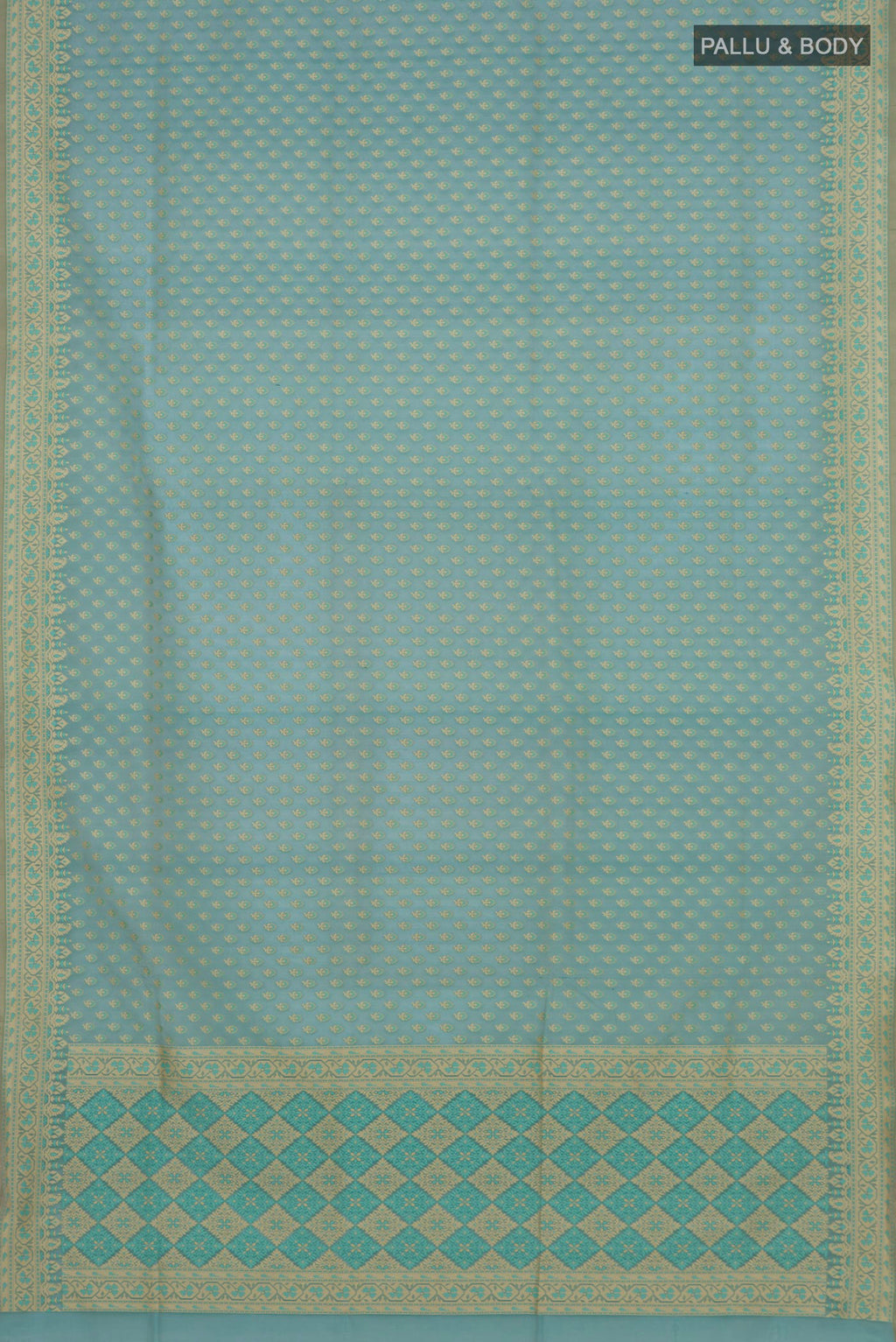 Flat view of Pure Silk Sky Blue Banarasi Saree with Zari Butta on the body and Zari Border. 