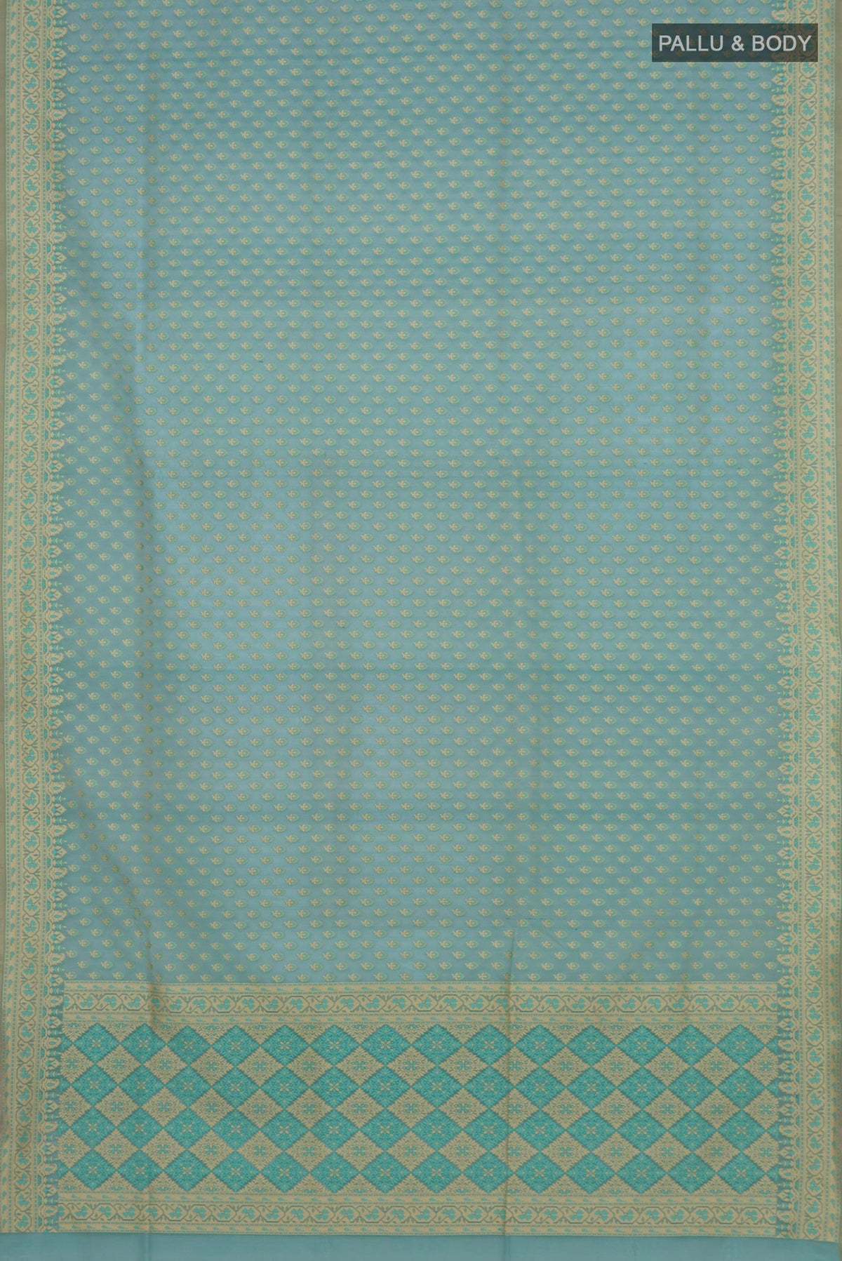Flat view of Pure Silk Sky Blue Banarasi Saree with Zari Butta on the body and Zari Border. 