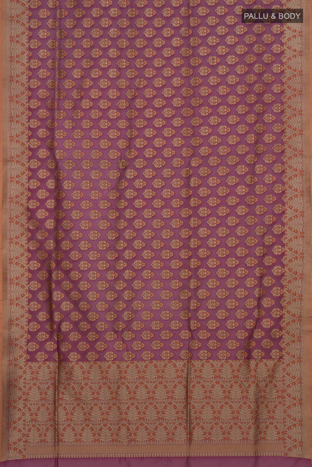 Flat view of Pure Silk Mauve Banarasi Saree with Zari And Thread Butta on the body and Zari Border. 