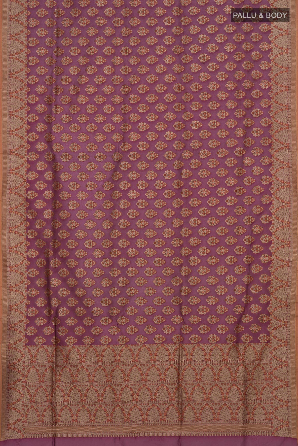 Flat view of Pure Silk Mauve Banarasi Saree with Zari And Thread Butta on the body and Zari Border. 