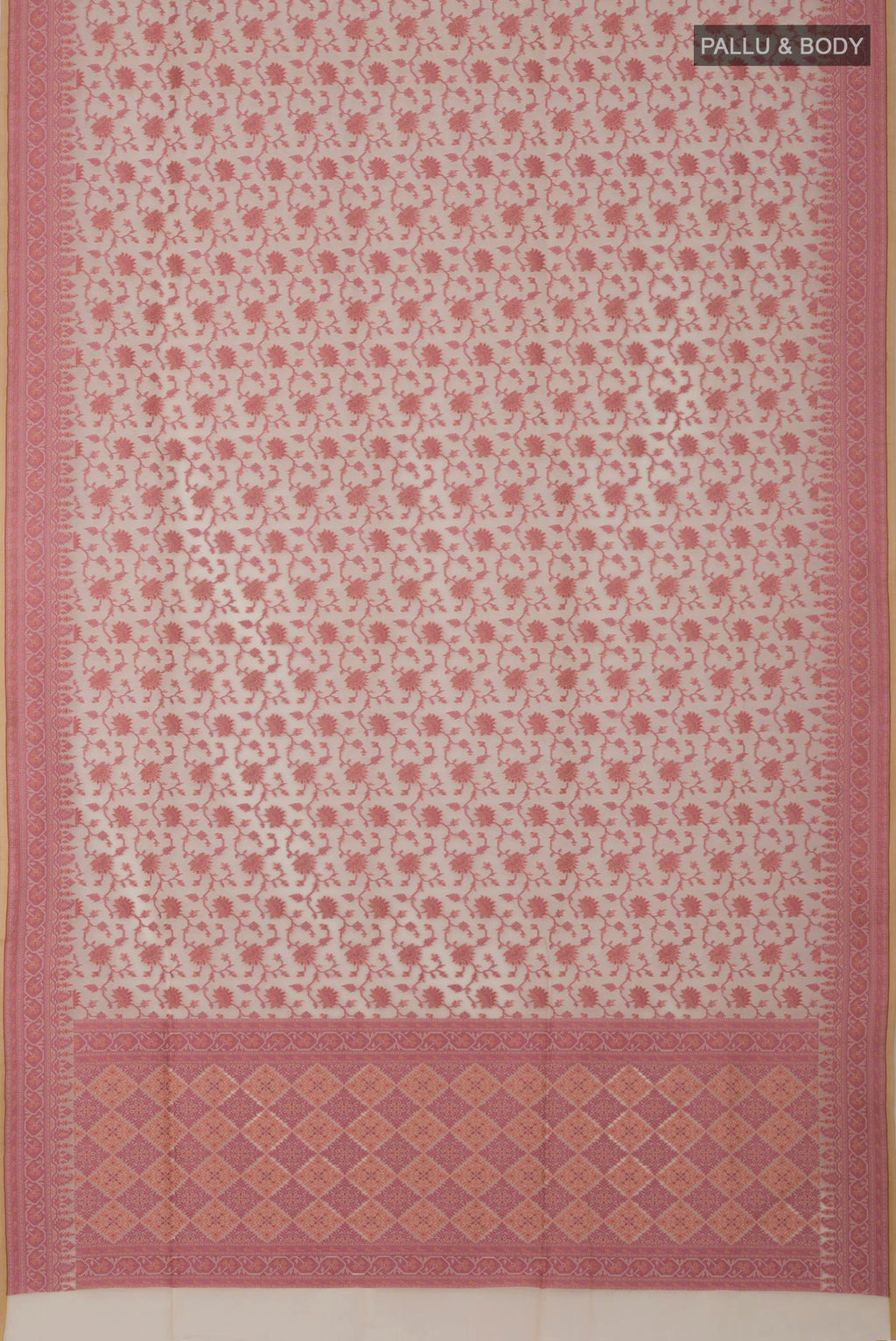 Flat view of Cream Banarasi Silk Saree with Thread Butta on the body and Thread Border. 