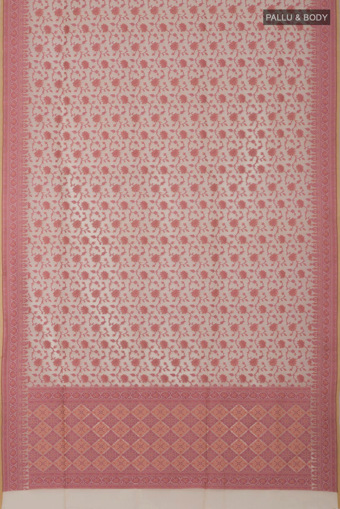 Flat view of Cream Banarasi Silk Saree with Thread Butta on the body and Thread Border. 