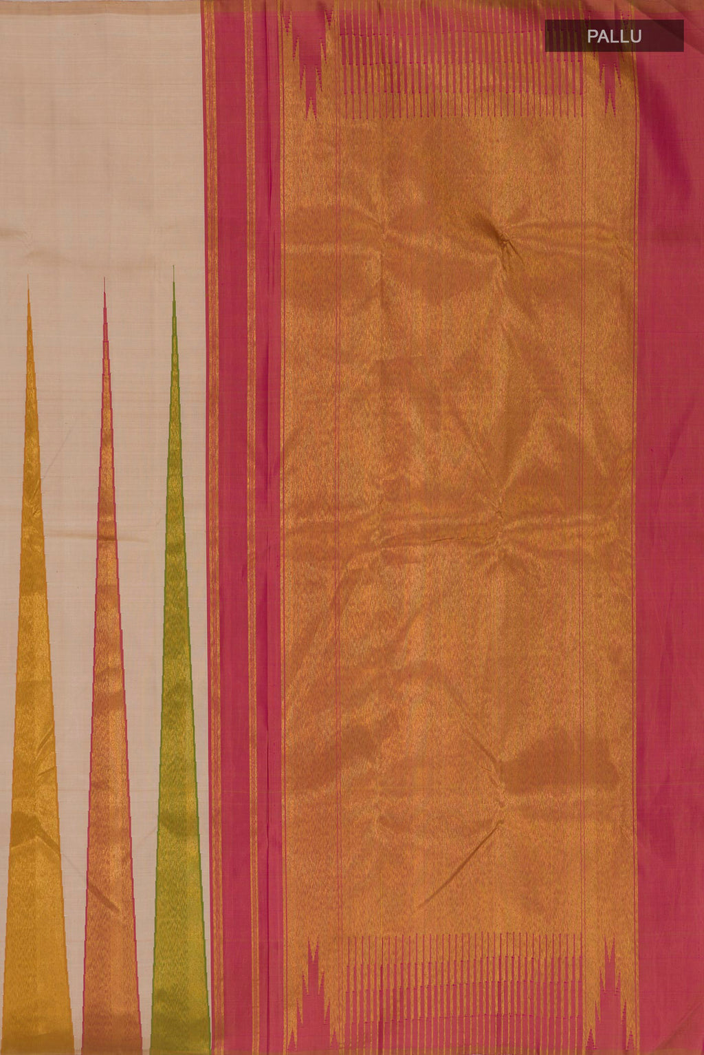 Close up image of the pallu of Cream Kanjivaram Silk Saree with Plain Body and Temple Border. 