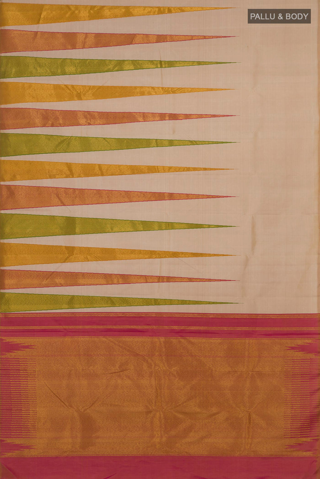 Flat view of Cream Kanjivaram Silk Saree with Plain Body and Temple Border. 