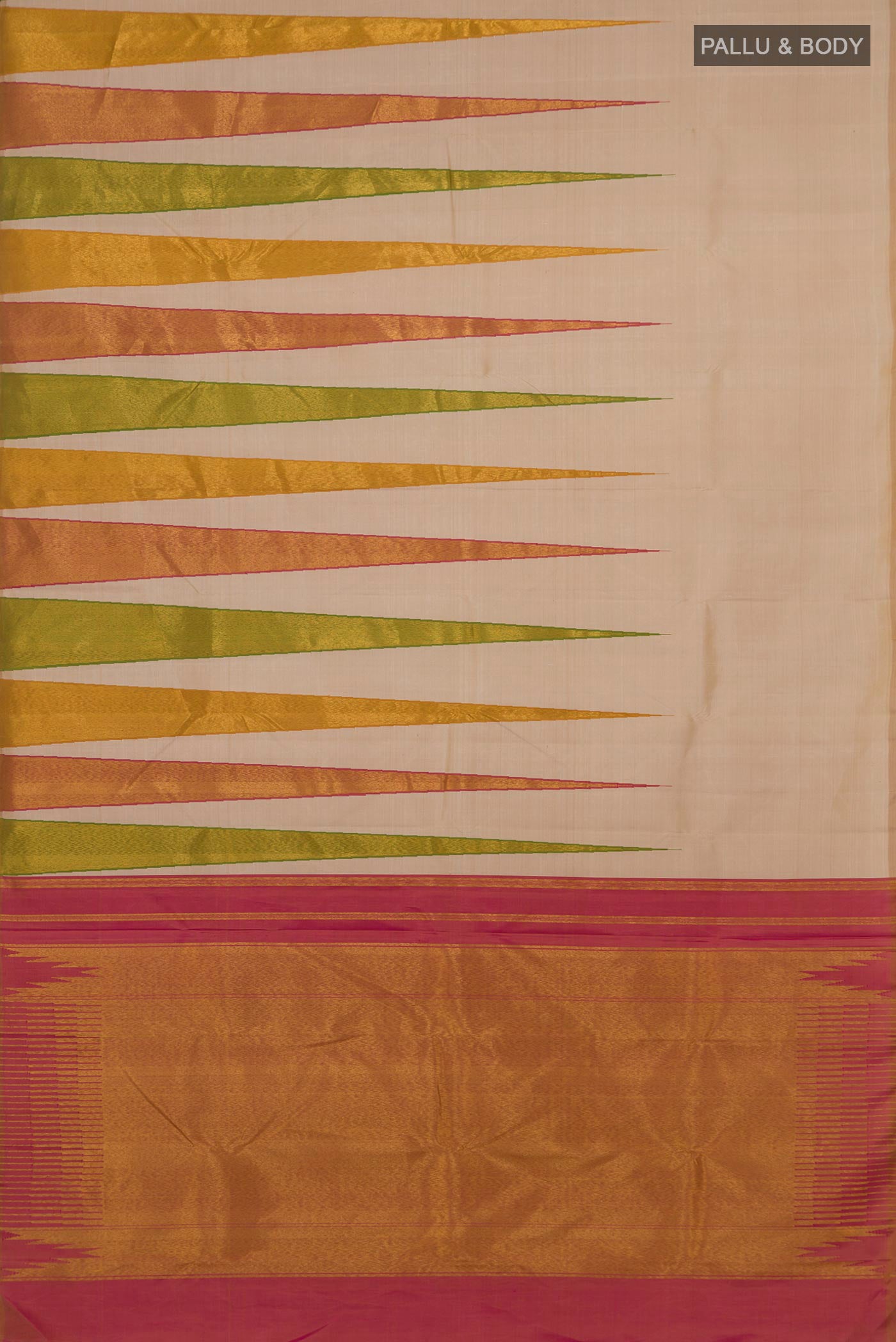 Flat view of Cream Kanjivaram Silk Saree with Plain Body and Temple Border. 