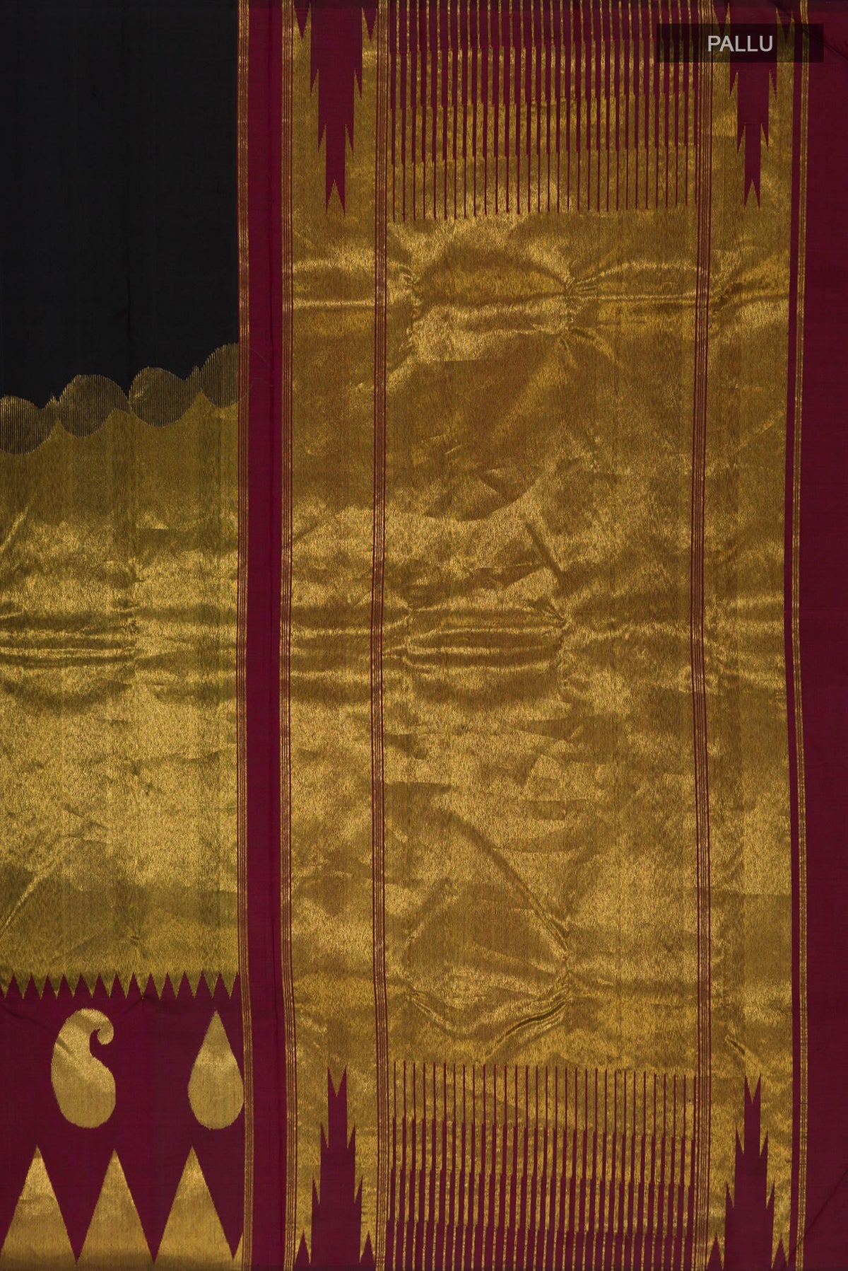 Close up image of the pallu of Pure Silk Black Kanchipuram Saree with Plain Body and Temple Border. 