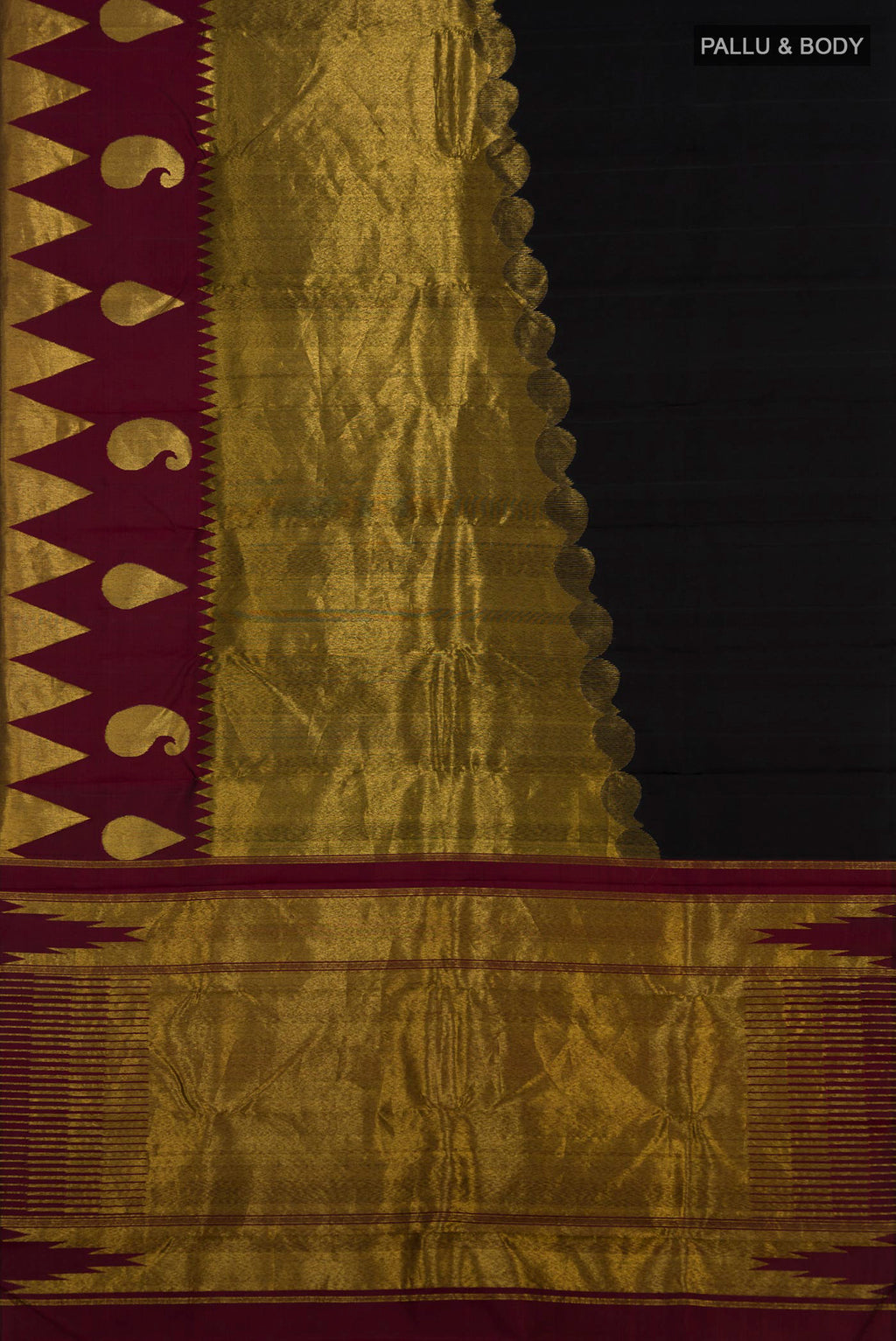 Flat view of Pure Silk Black Kanchipuram Saree with Plain Body and Temple Border. 