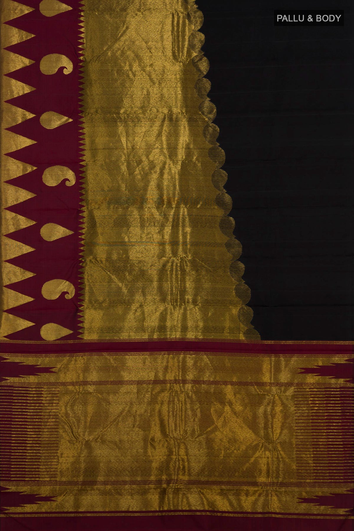 Flat view of Pure Silk Black Kanchipuram Saree with Plain Body and Temple Border. 