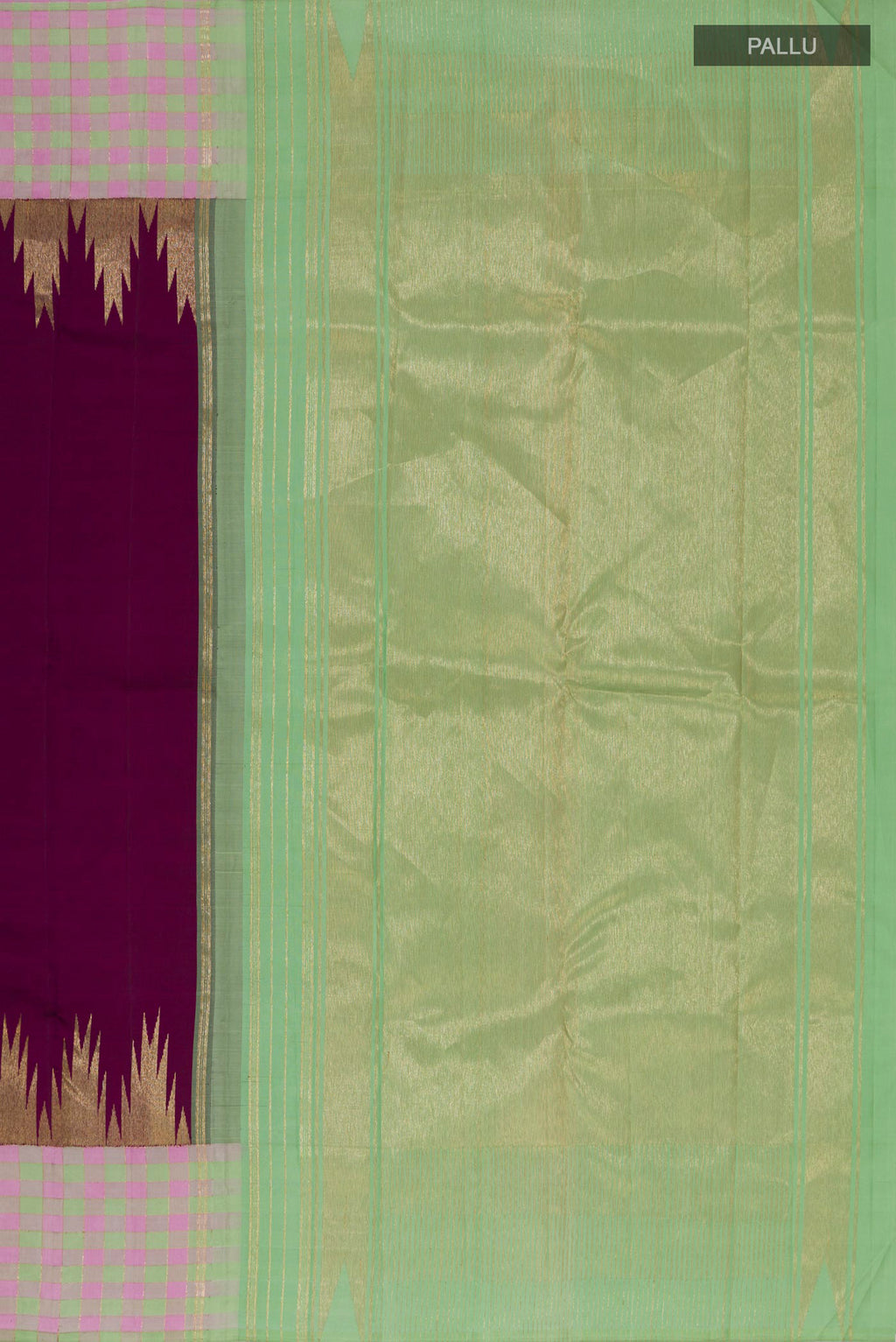 Close up image of the pallu of Pure Silk Pure Zari Purple Kanchipuram Saree with Plain Body and Checks Border. 