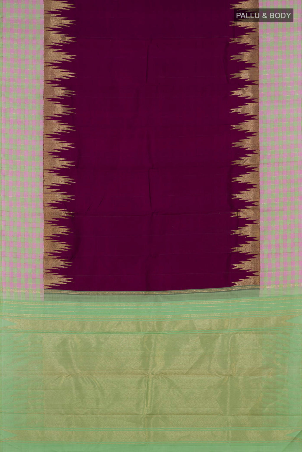 Flat view of Pure Silk Pure Zari Purple Kanchipuram Saree with Plain Body and Checks Border. 