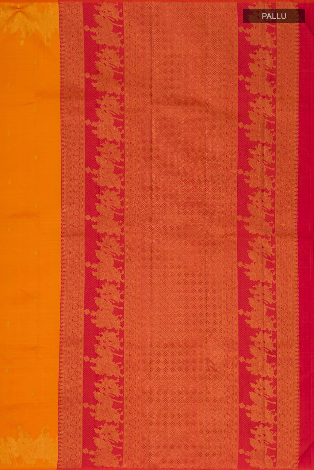 Close up image of the pallu of Pure Silk Pure Zari Yellow Kanjivaram Saree with Zari Butta on the body and Fancy Border. 