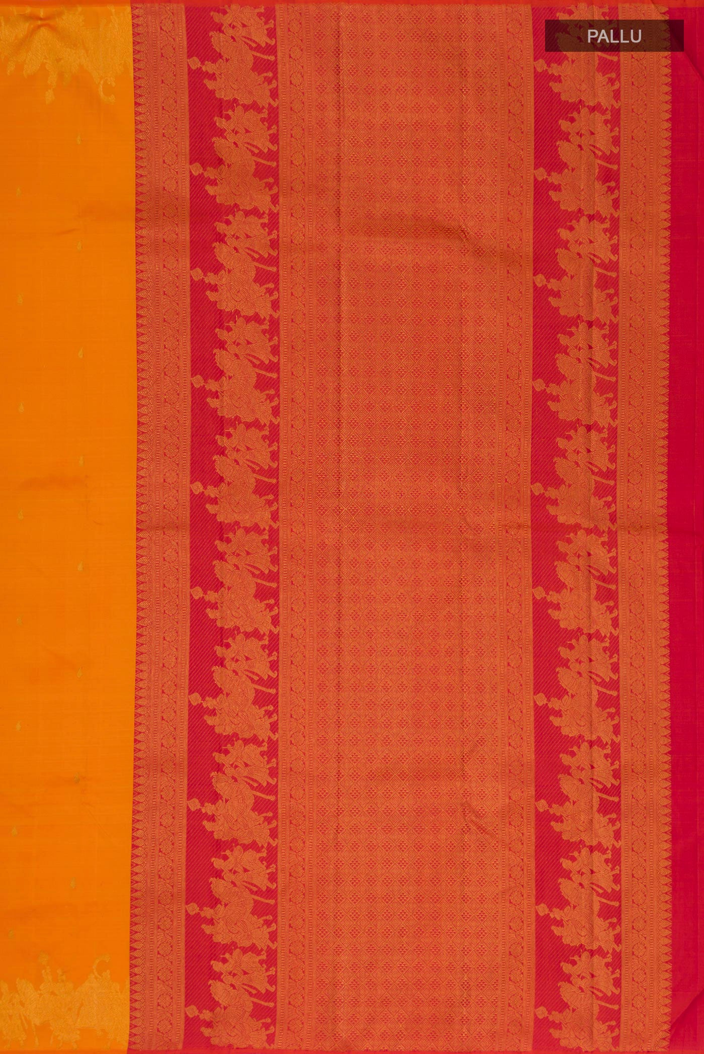 Close up image of the pallu of Pure Silk Pure Zari Yellow Kanjivaram Saree with Zari Butta on the body and Fancy Border. 