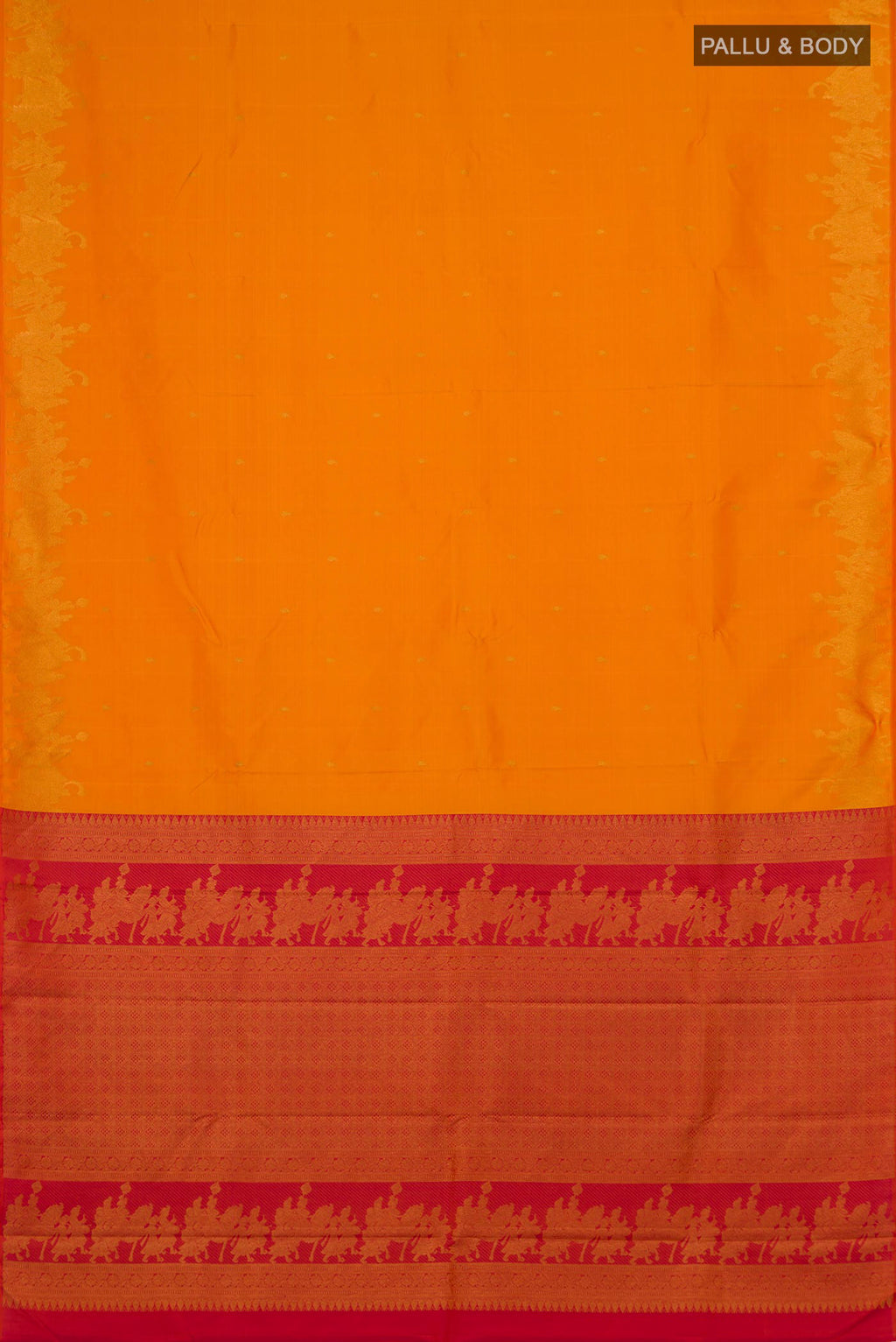 Flat view of Pure Silk Pure Zari Yellow Kanjivaram Saree with Zari Butta on the body and Fancy Border. 