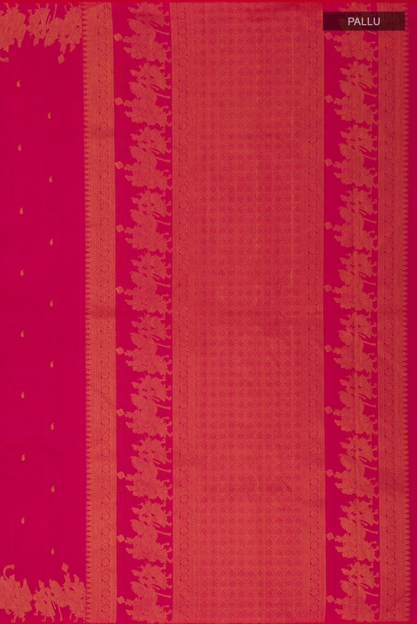 Close up image of the pallu of Pink Kanjivaram Silk Saree with Zari Butta on the body and Fancy Border. 