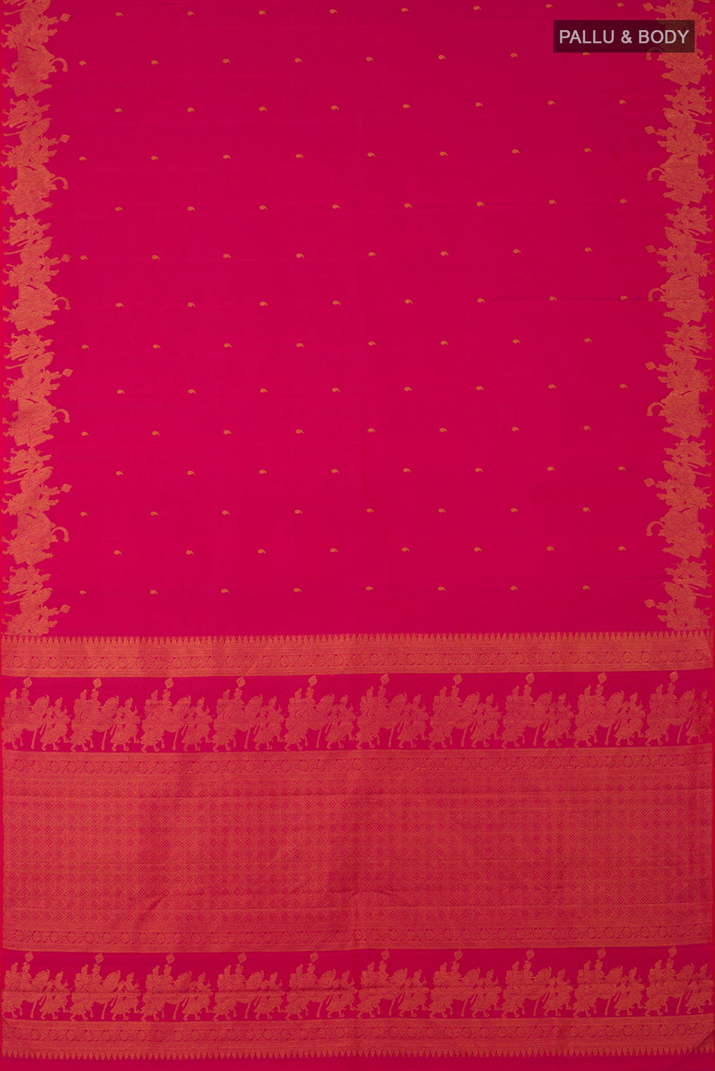 Flat view of Pink Kanjivaram Silk Saree with Zari Butta on the body and Fancy Border. 