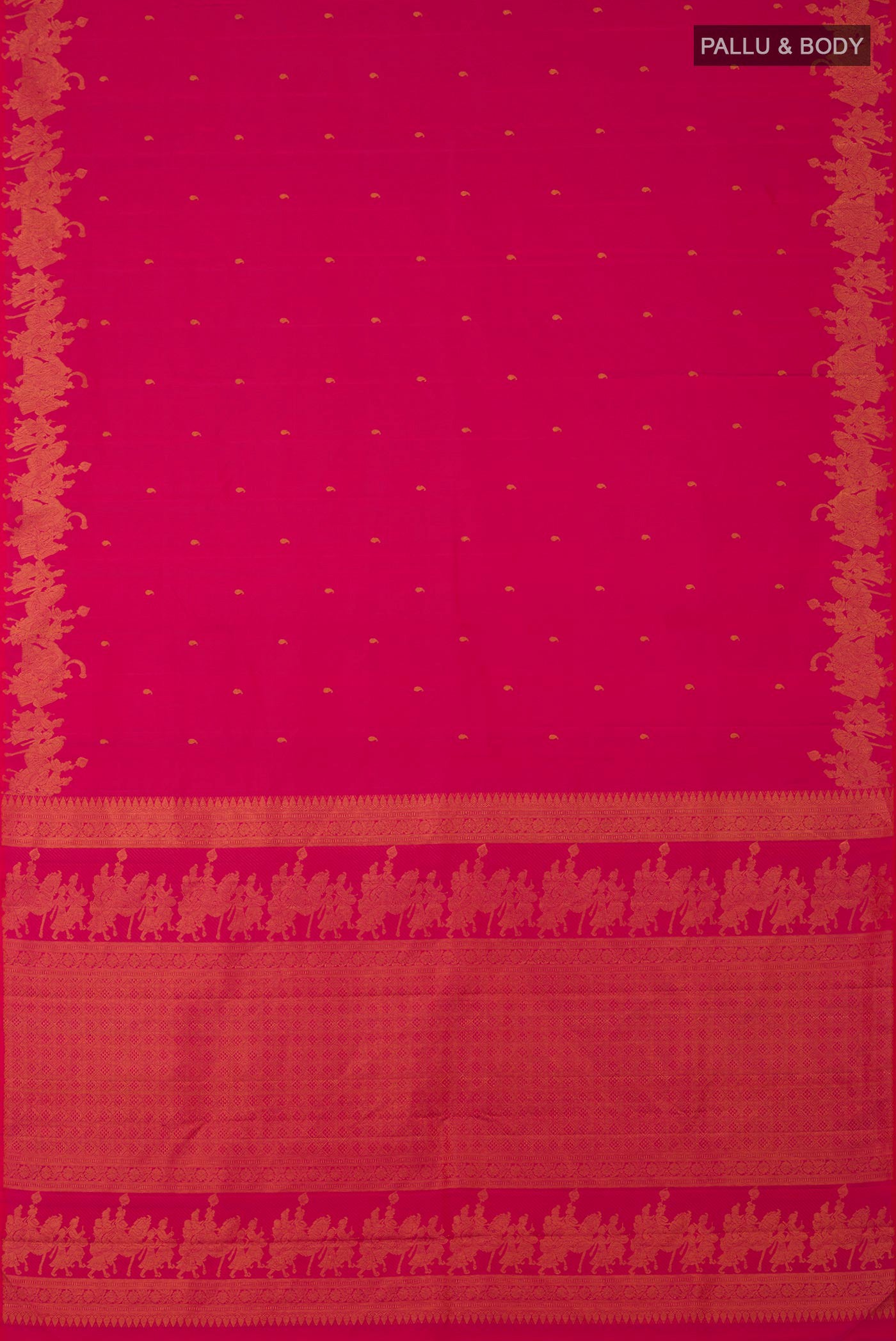 Flat view of Pink Kanjivaram Silk Saree with Zari Butta on the body and Fancy Border. 