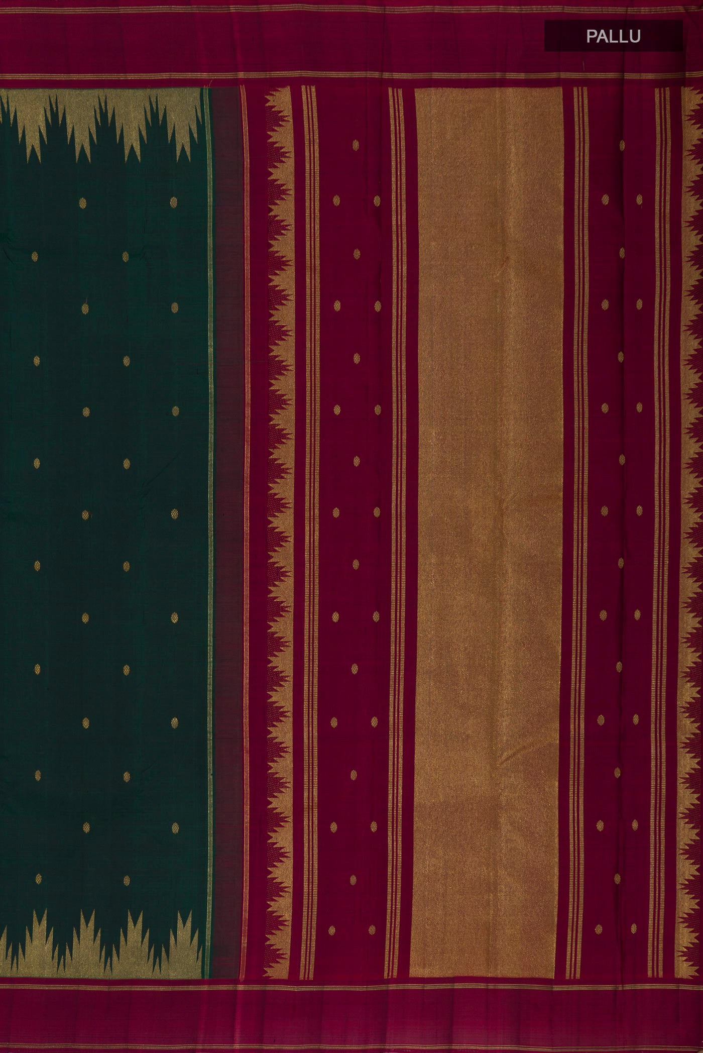 Close up image of the pallu of Pure Silk Pure Zari Green Kanchipuram Saree with Zari Butta on the body and Thin Zari Line. 
