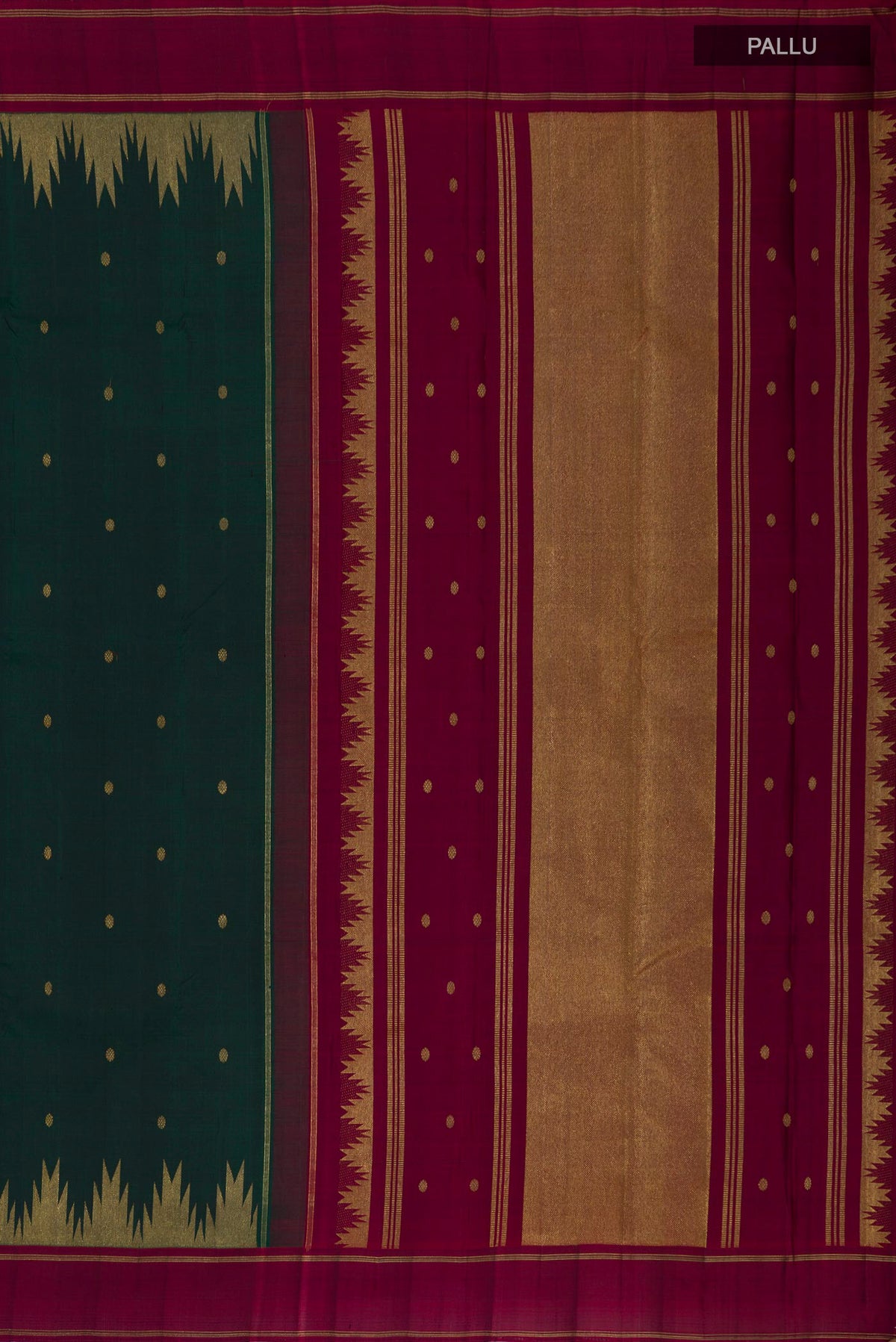 Close up image of the pallu of Pure Silk Pure Zari Green Kanchipuram Saree with Zari Butta on the body and Thin Zari Line. 