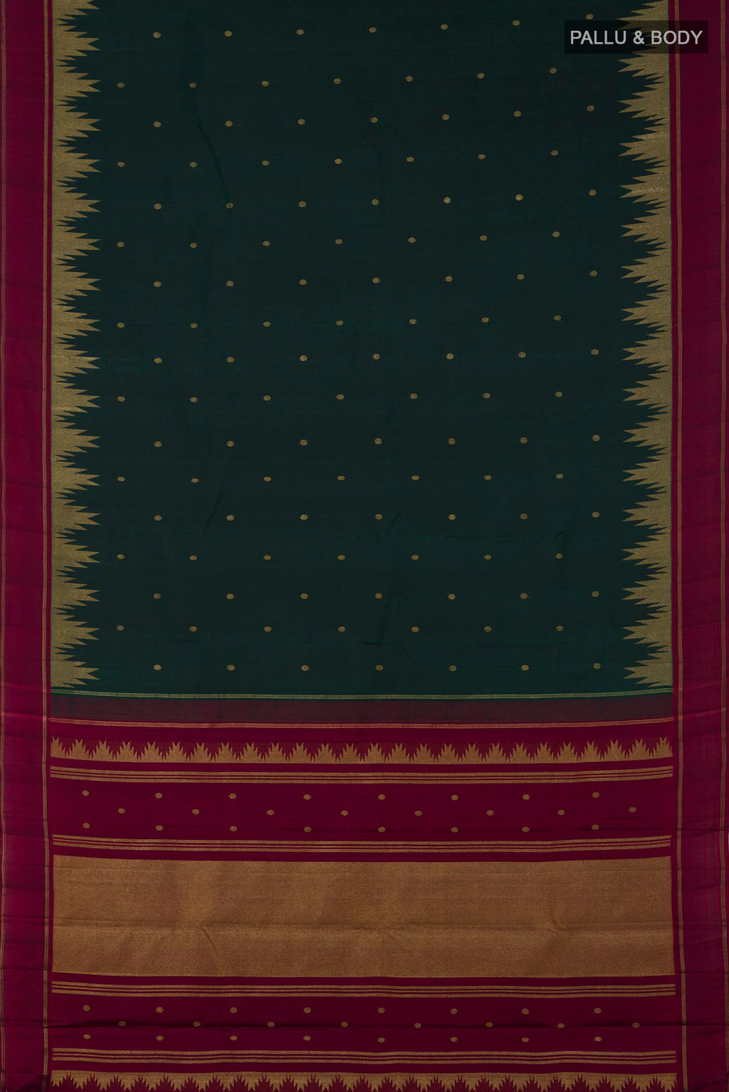 Flat view of Pure Silk Pure Zari Green Kanchipuram Saree with Zari Butta on the body and Thin Zari Line. 