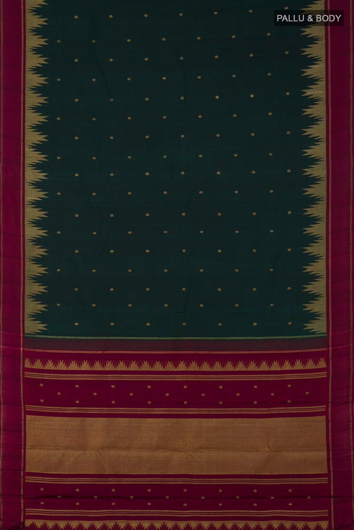 Flat view of Pure Silk Pure Zari Green Kanchipuram Saree with Zari Butta on the body and Thin Zari Line. 