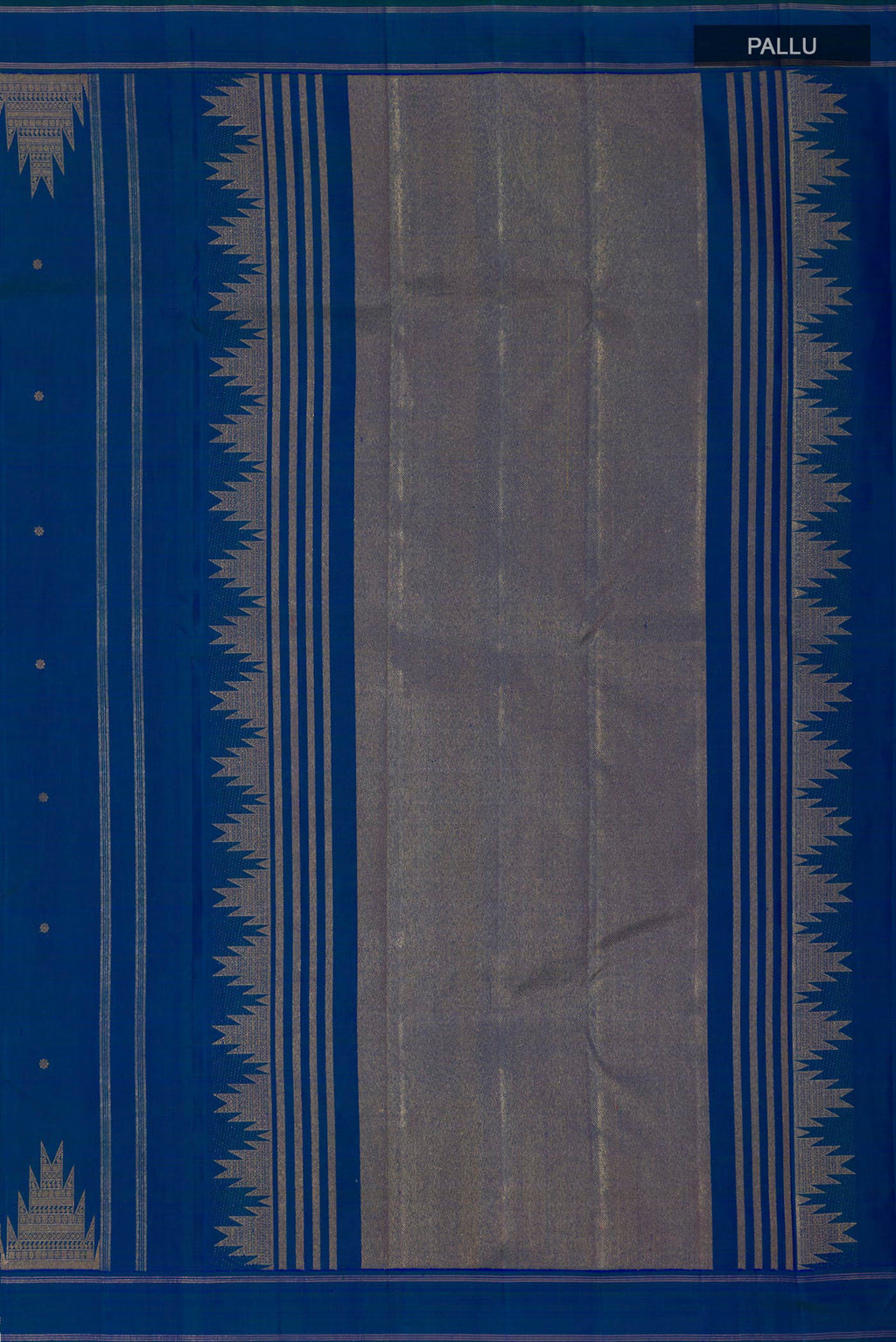 Close up image of the pallu of Pure Silk Pure Zari Blue Kanchipuram Saree with Zari Butta on the body and Temple Border. 