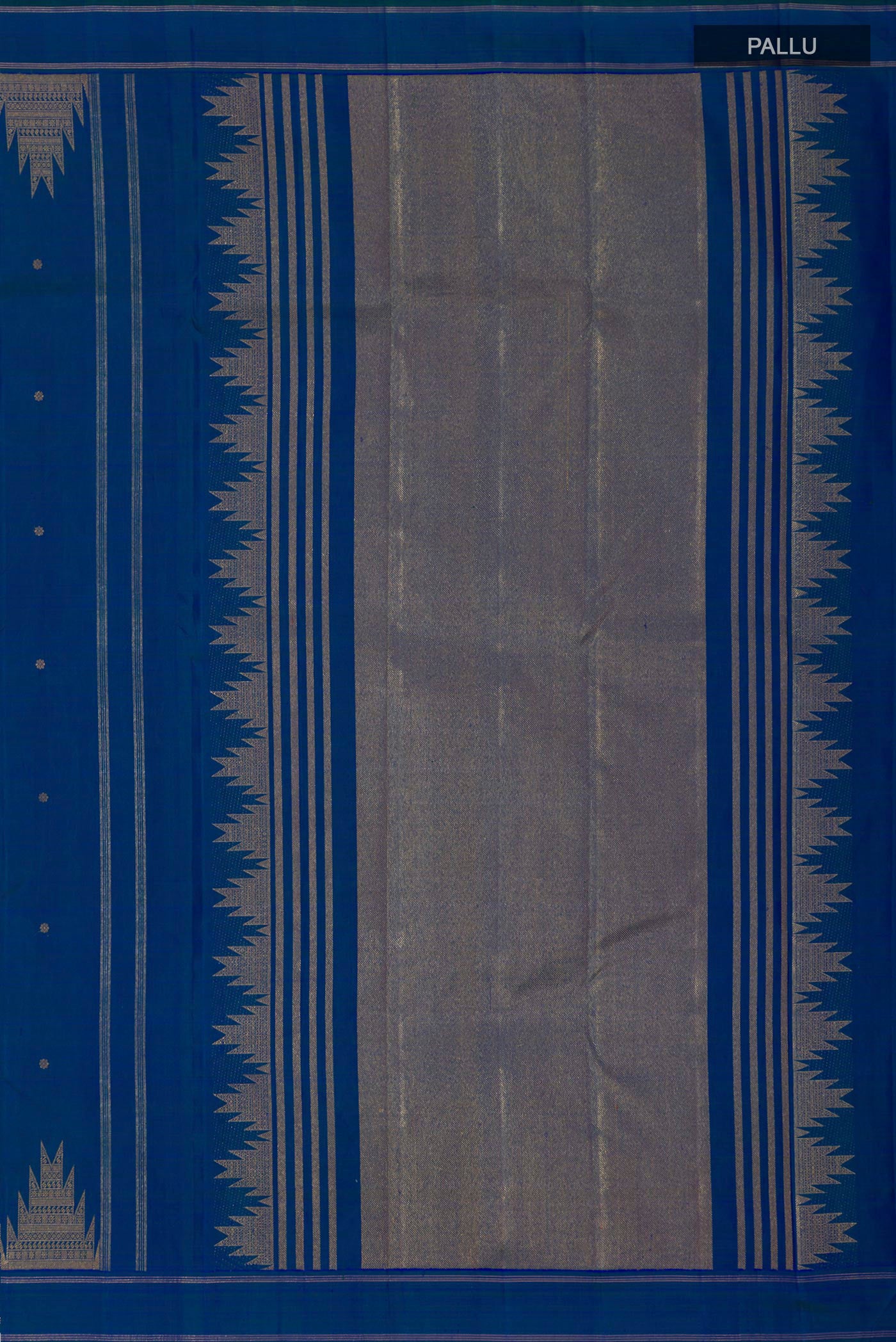 Close up image of the pallu of Pure Silk Pure Zari Blue Kanchipuram Saree with Zari Butta on the body and Temple Border. 
