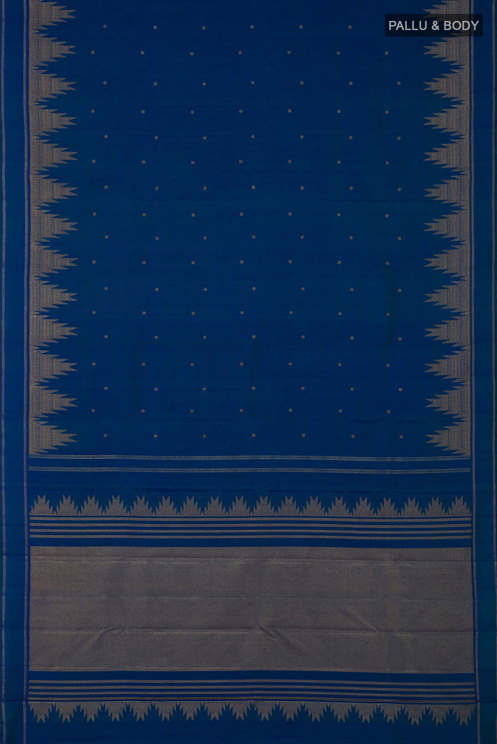 Flat view of Pure Silk Pure Zari Blue Kanchipuram Saree with Zari Butta on the body and Temple Border. 