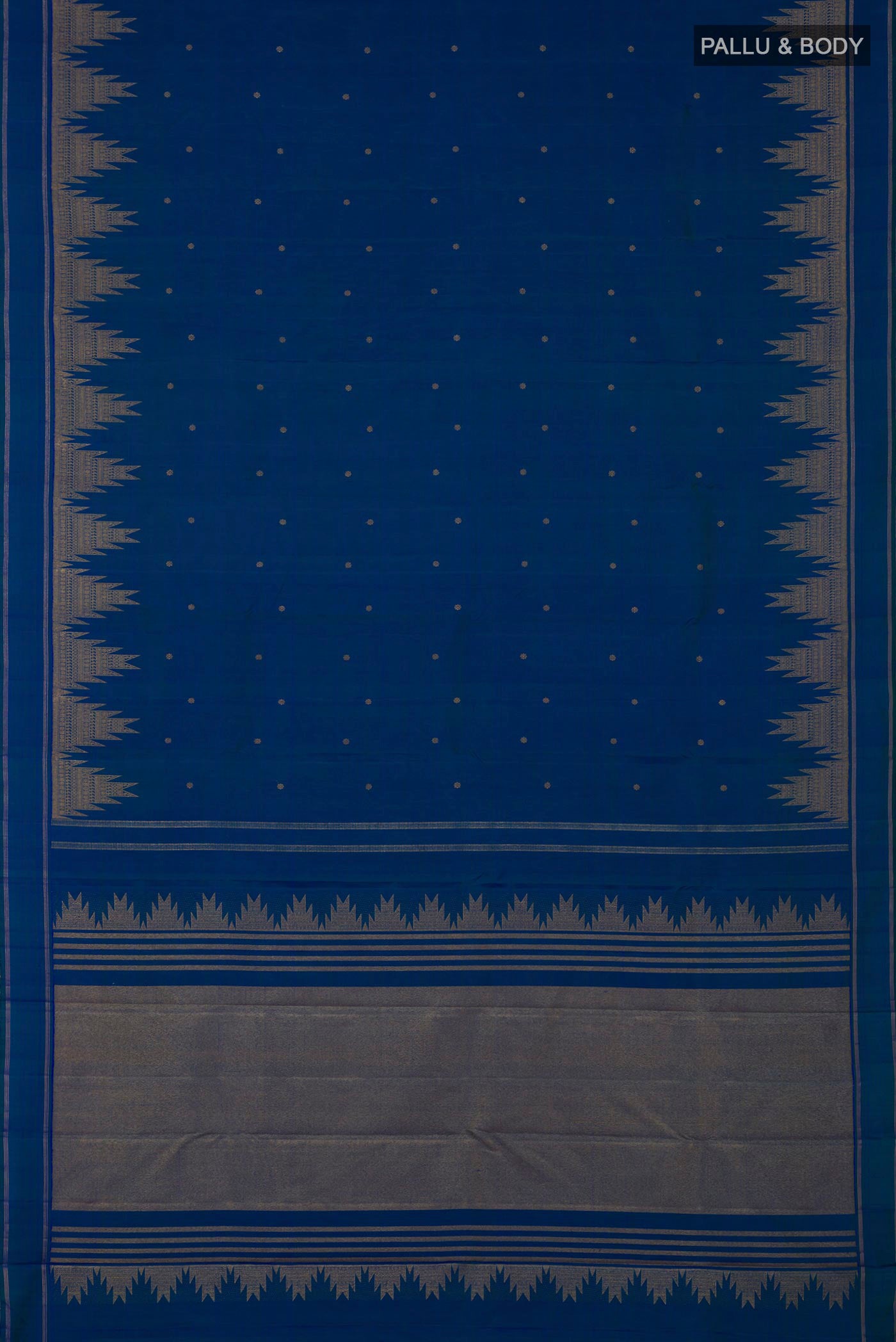 Flat view of Pure Silk Pure Zari Blue Kanchipuram Saree with Zari Butta on the body and Temple Border. 