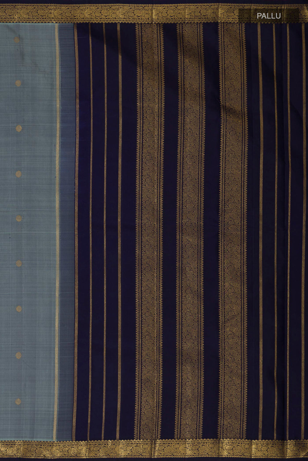 Close up image of the pallu of Pure Silk Pure Zari Grey Kanchipuram Saree with Zari Butta on the body and Zari Border. 