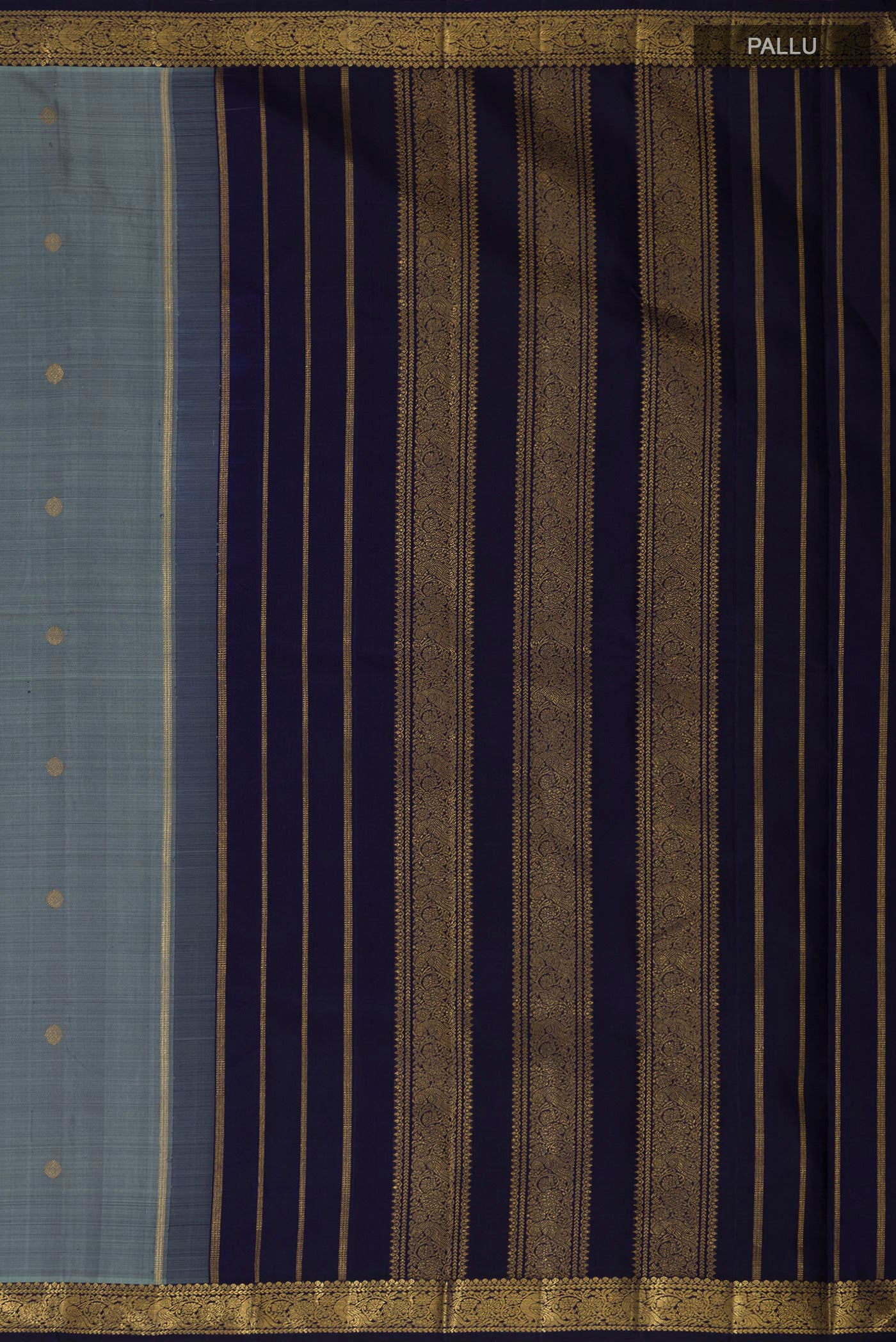 Close up image of the pallu of Pure Silk Pure Zari Grey Kanchipuram Saree with Zari Butta on the body and Zari Border. 