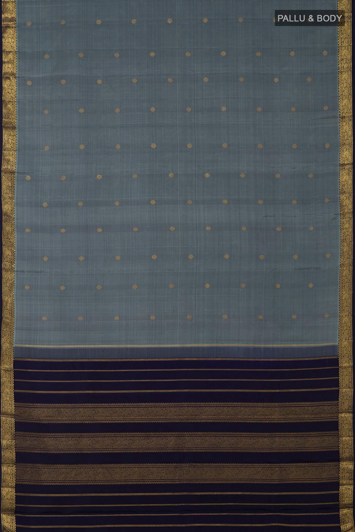 Flat view of Pure Silk Pure Zari Grey Kanchipuram Saree with Zari Butta on the body and Zari Border. 