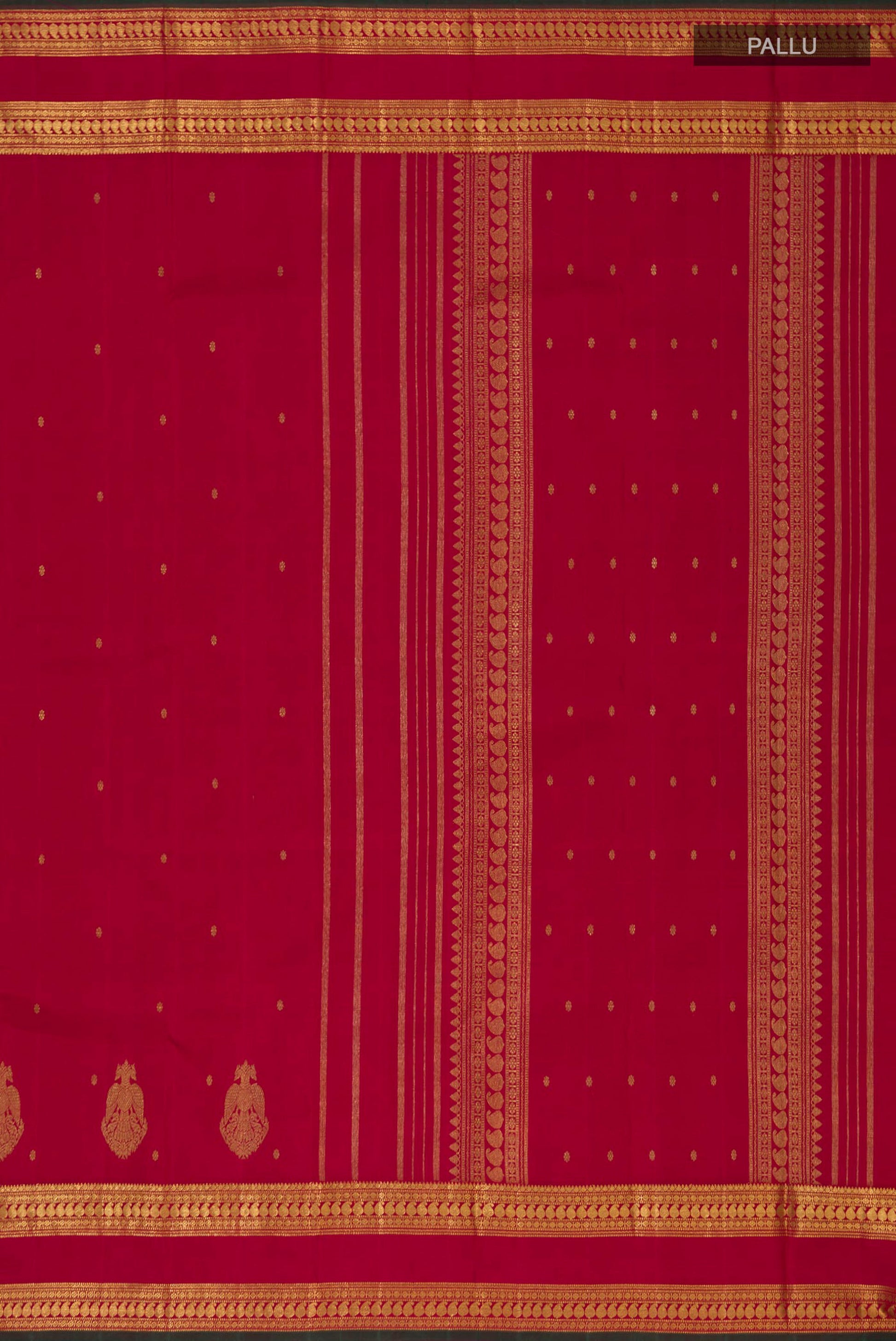 Close up image of the pallu of Pure Silk Pure Zari Maroon Kanchipuram Saree with Zari Butta on the body and Zari Border. 