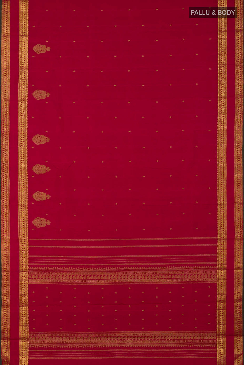 Flat view of Pure Silk Pure Zari Maroon Kanchipuram Saree with Zari Butta on the body and Zari Border. 