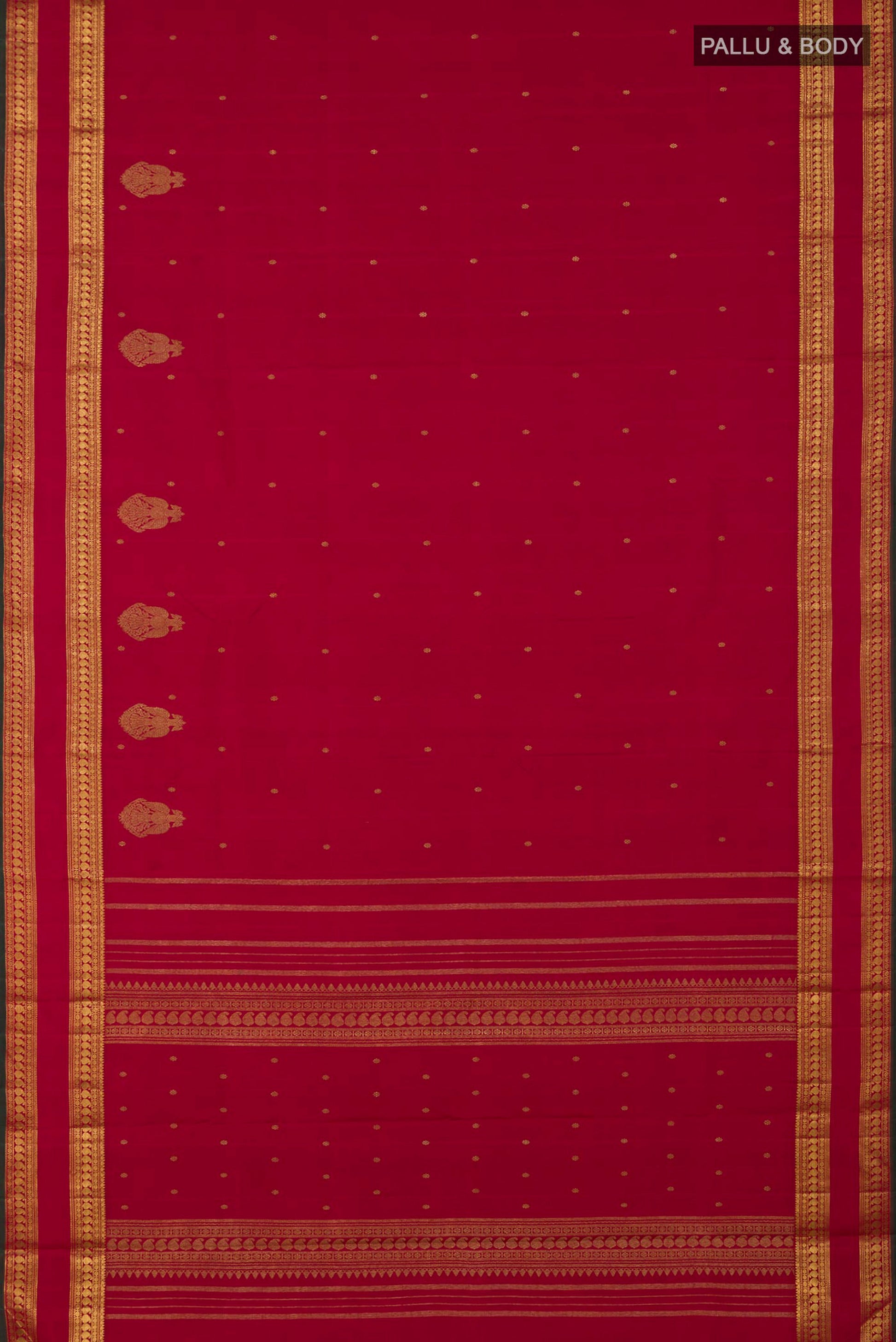 Flat view of Pure Silk Pure Zari Maroon Kanchipuram Saree with Zari Butta on the body and Zari Border. 