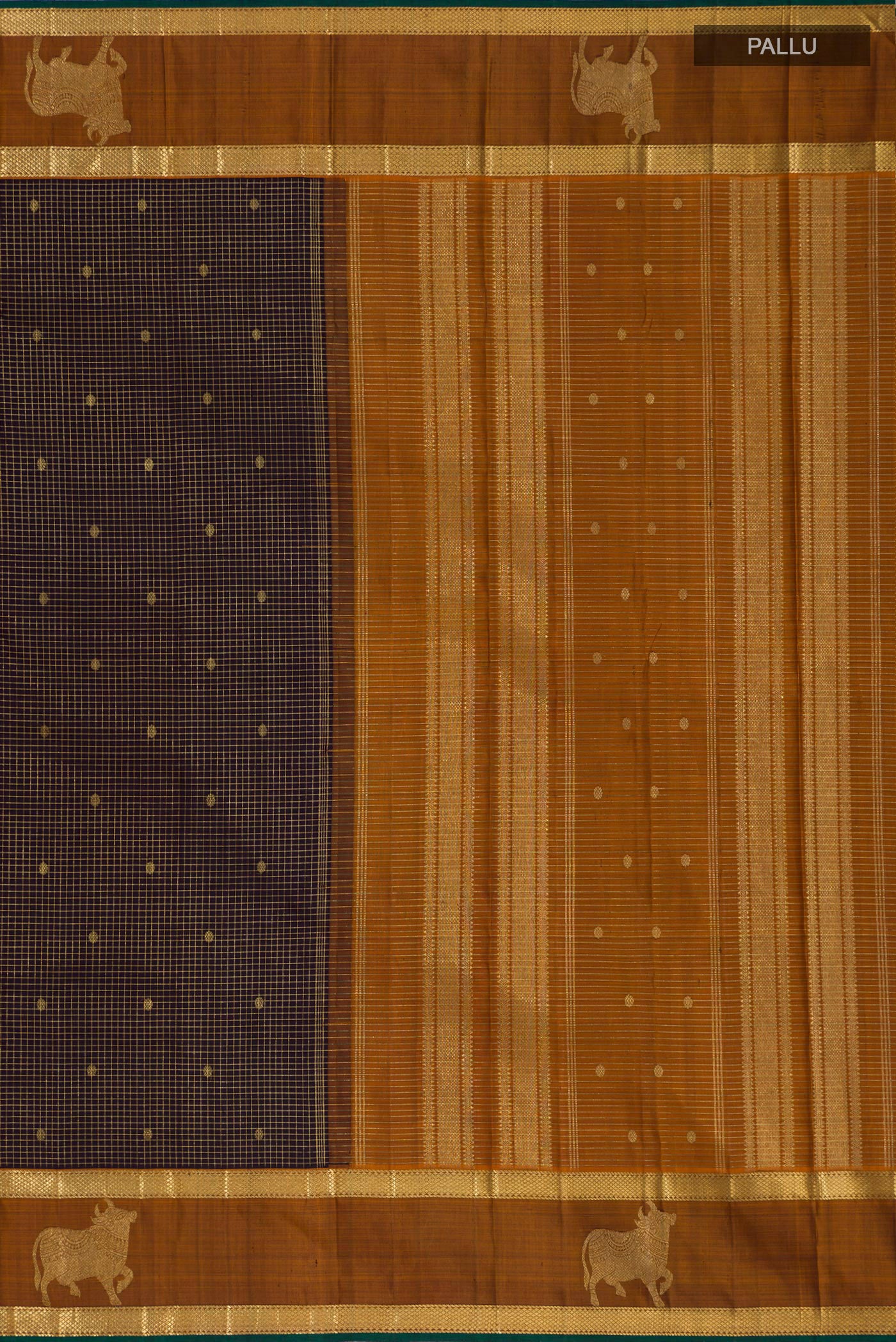 Close up image of the pallu of Coffee Brown Kanchipuram Silk Saree with Checked design on the body and Zari Border. 