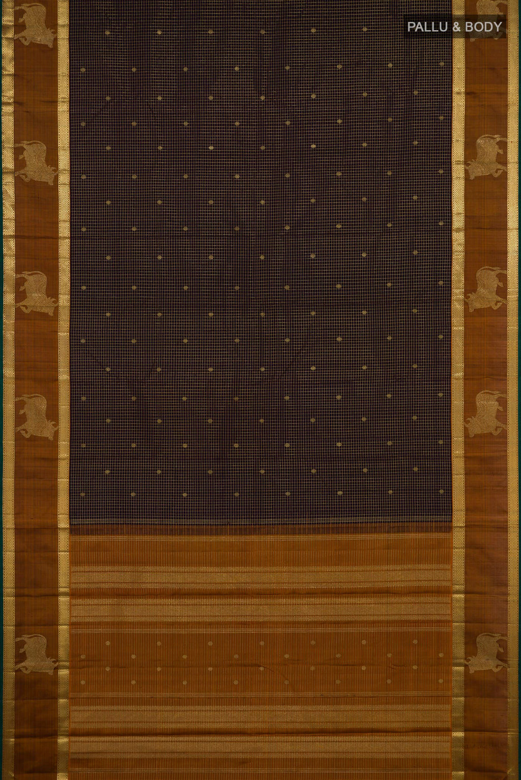 Flat view of Coffee Brown Kanchipuram Silk Saree with Checked design on the body and Zari Border. 