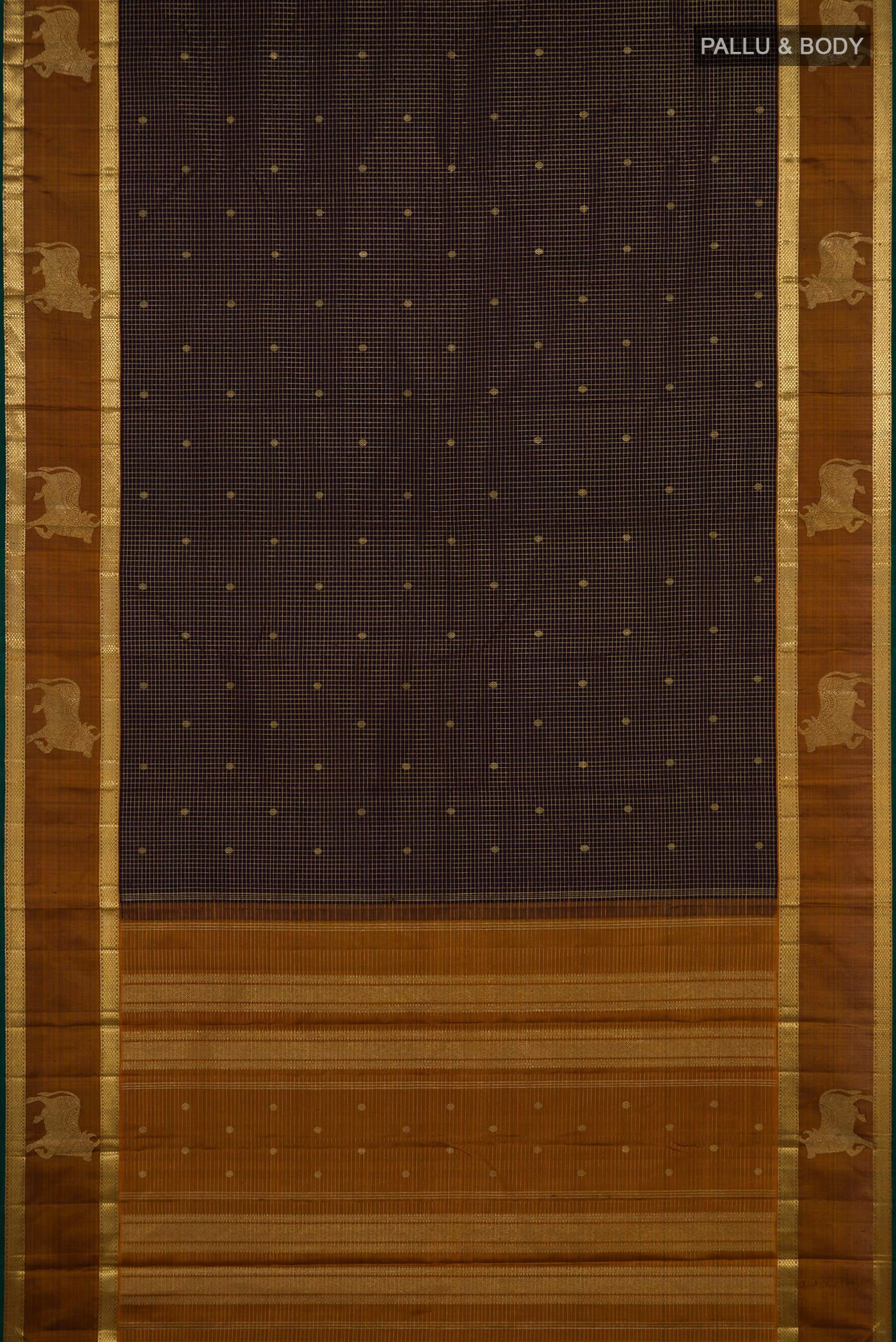 Flat view of Coffee Brown Kanchipuram Silk Saree with Checked design on the body and Zari Border. 