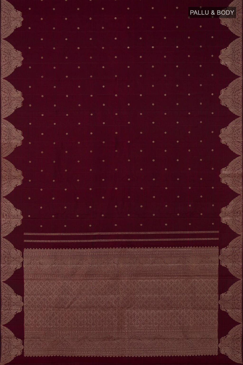 Flat view of Pure Silk Pure Zari Maroon Kanjivaram Saree with Zari Butta on the body and Fancy Border. 