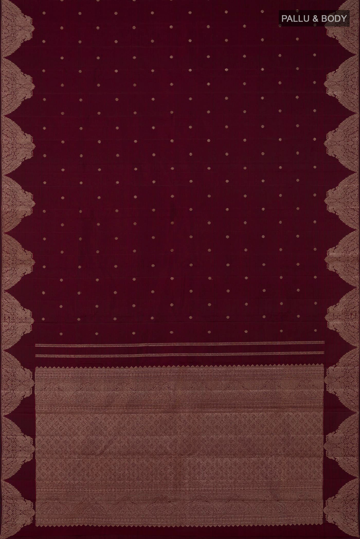 Flat view of Pure Silk Pure Zari Maroon Kanjivaram Saree with Zari Butta on the body and Fancy Border. 