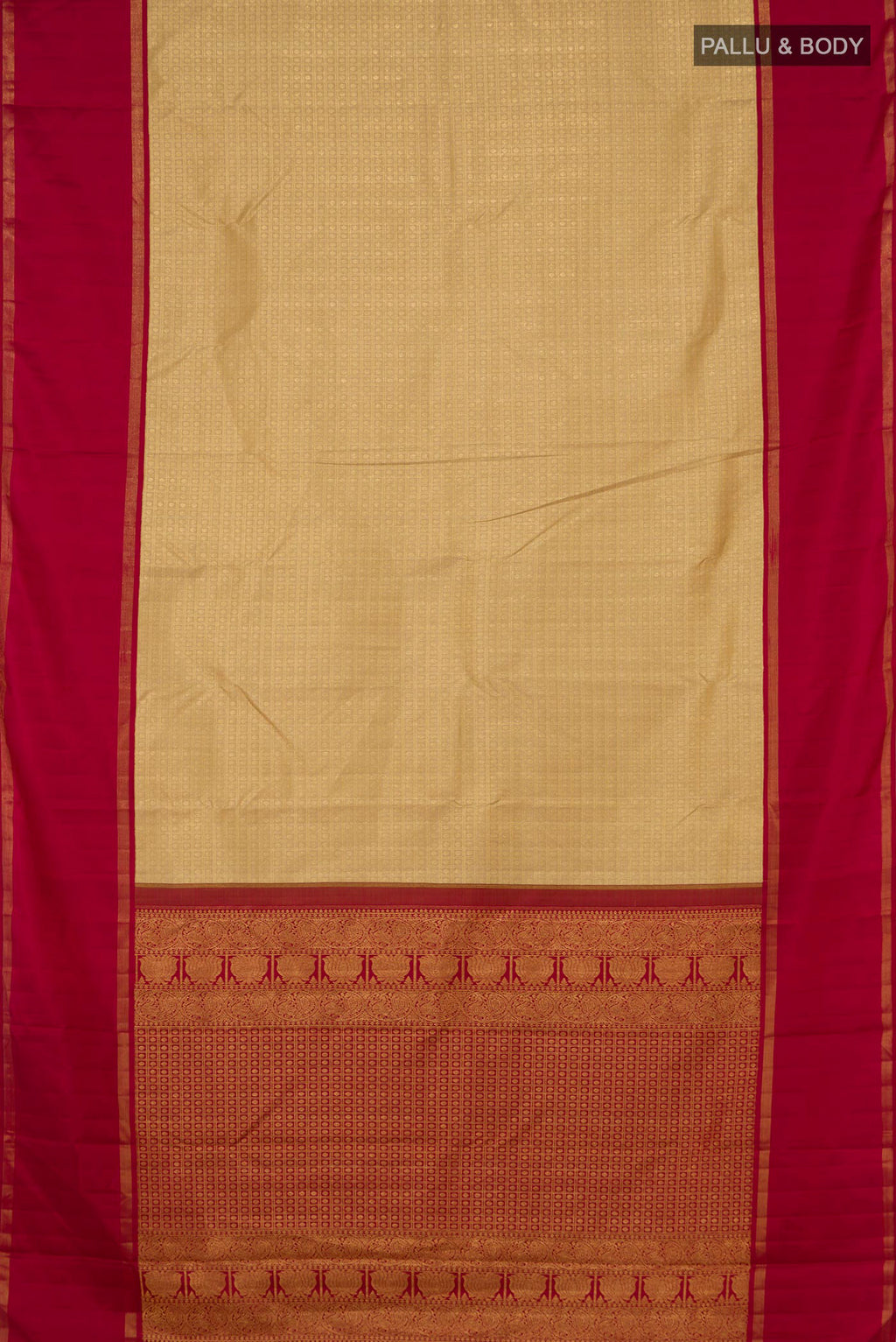Flat view of Golden Kanchipuram Silk Saree with Zari Brocade on the body and Thin Zari Line. 