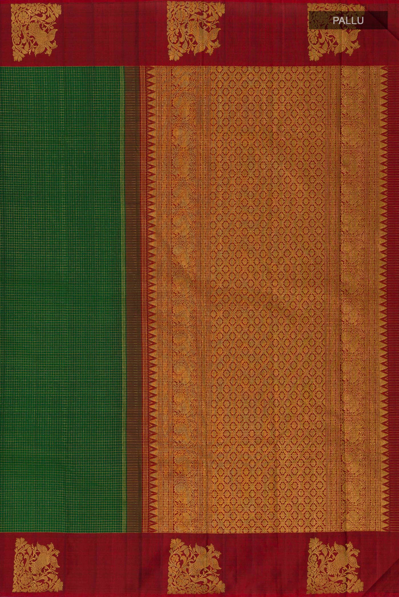 Close up image of the pallu of Green Kanjivaram Silk Saree with Checked design on the body and Fancy Border. 