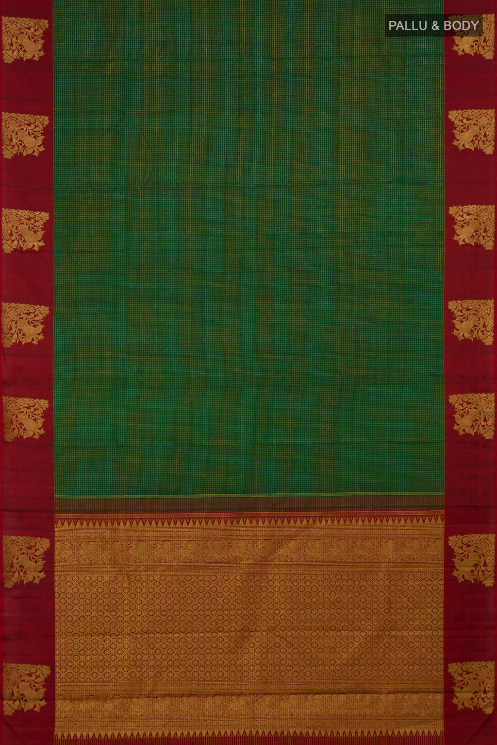Flat view of Green Kanjivaram Silk Saree with Checked design on the body and Fancy Border. 